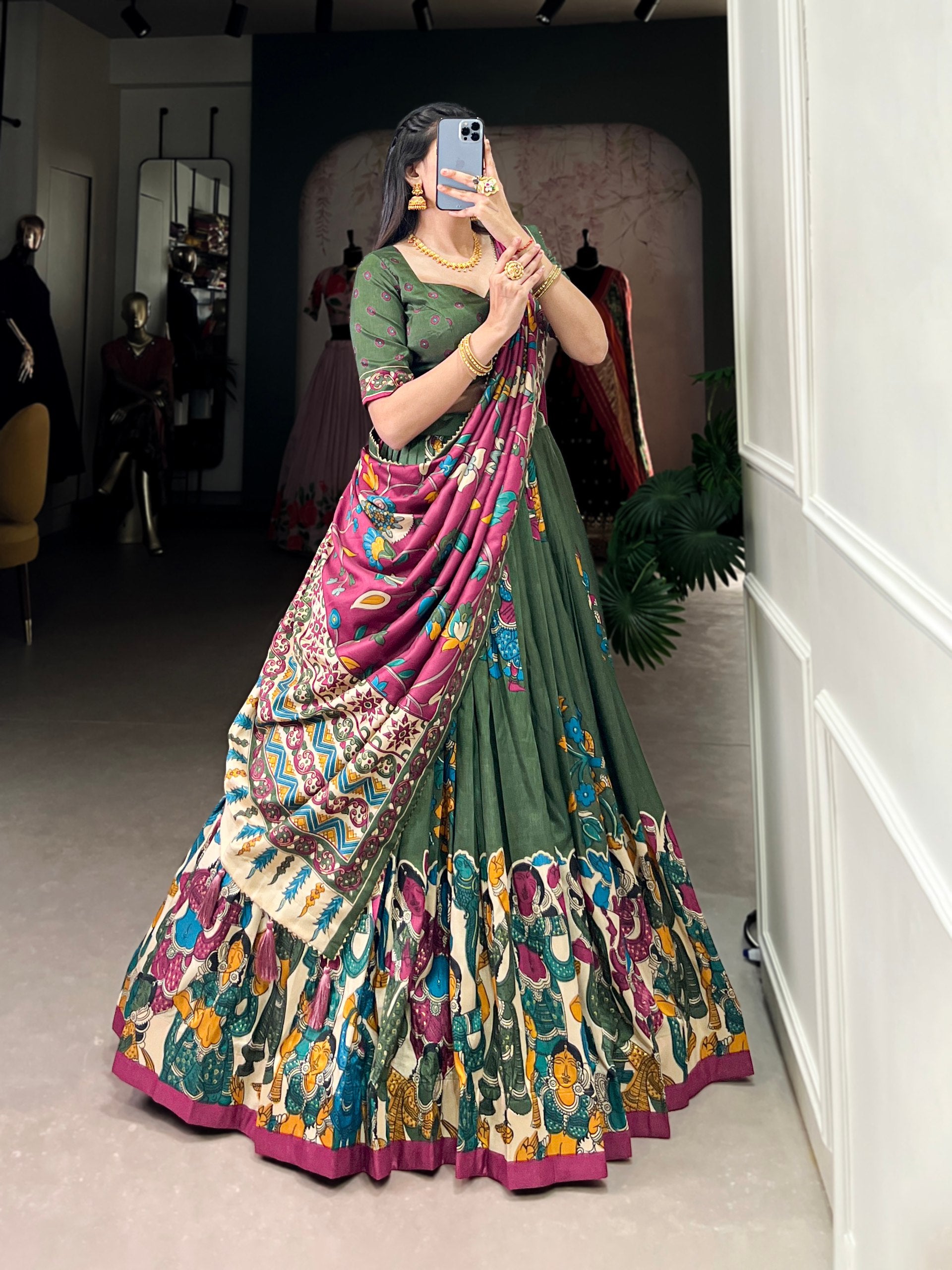 Tribal Folk Art Print Lehenga Choli Set with Handcrafted Dupatta
