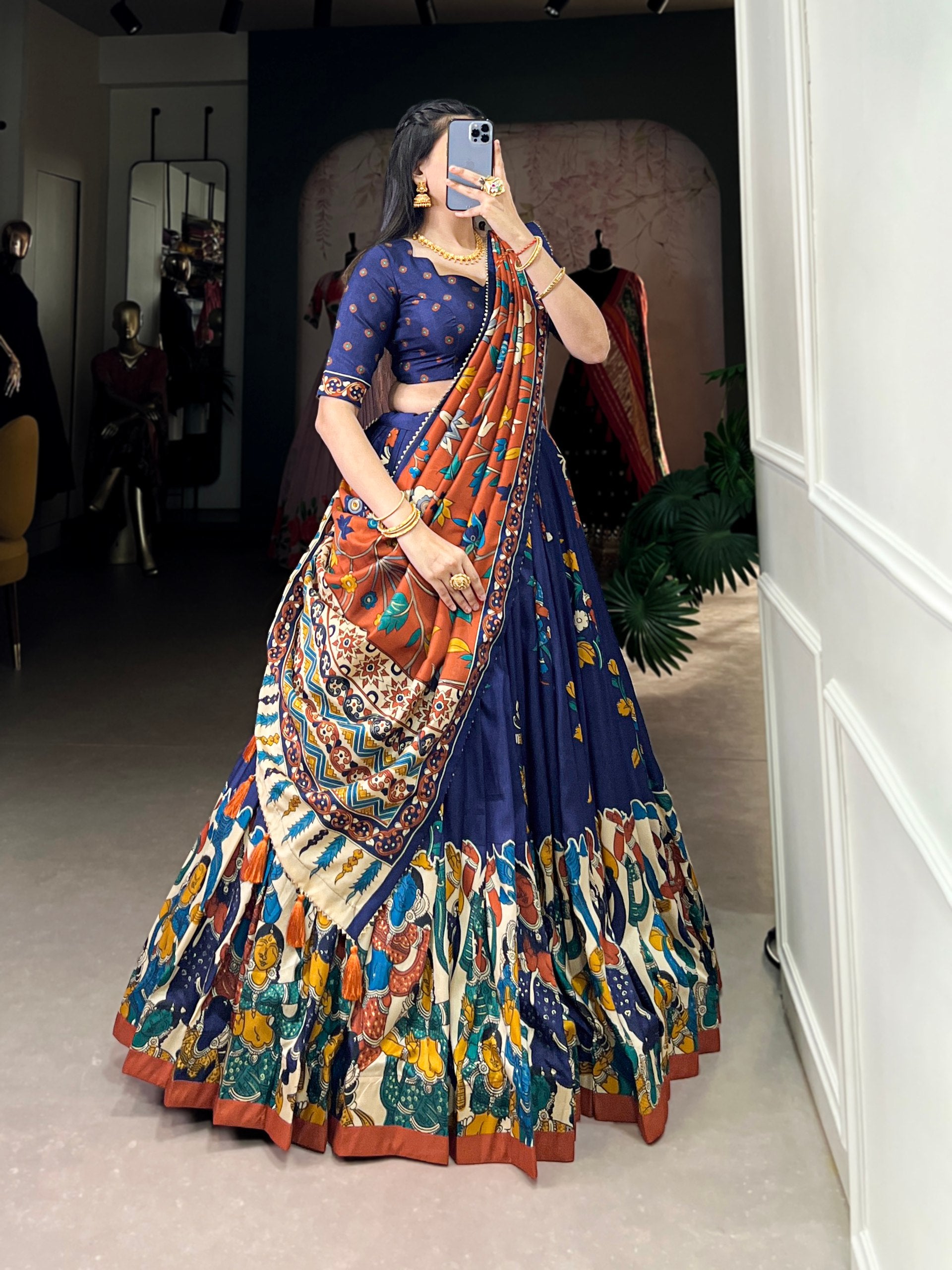 Tribal Folk Art Print Lehenga Choli Set with Handcrafted Dupatta