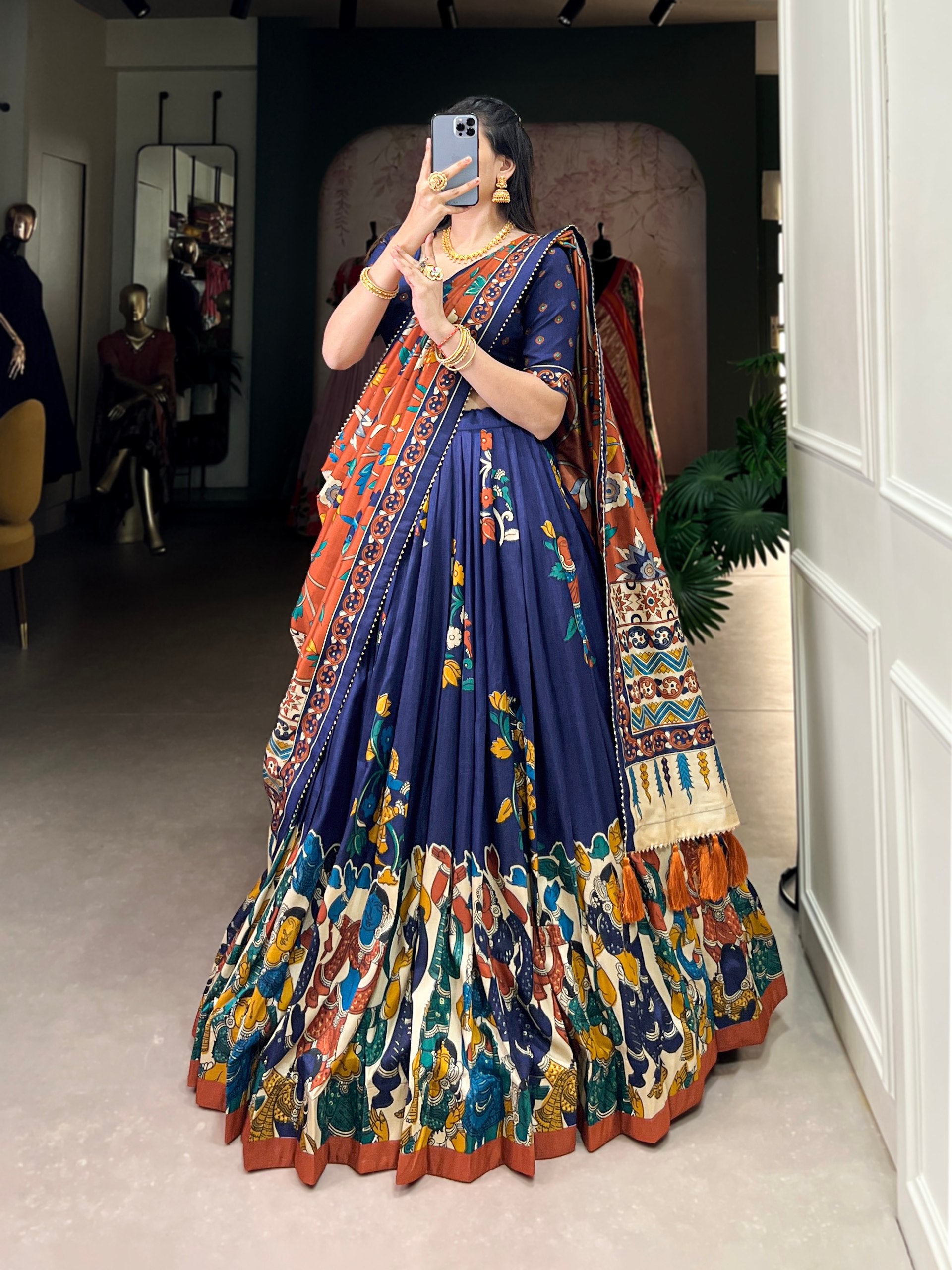 Tribal Folk Art Print Lehenga Choli Set with Handcrafted Dupatta