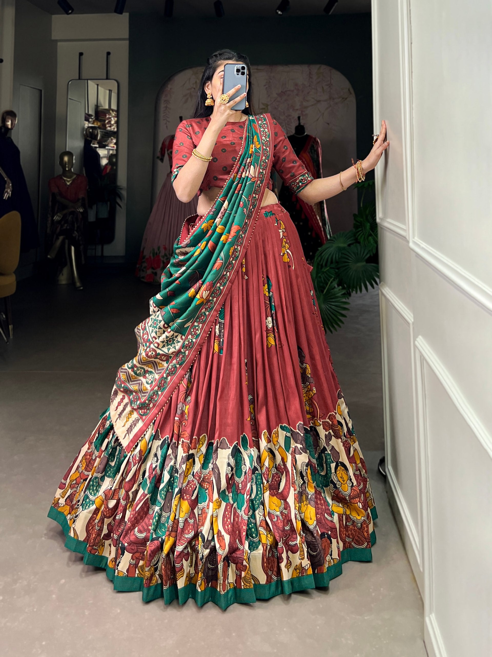 Tribal Folk Art Print Lehenga Choli Set with Handcrafted Dupatta