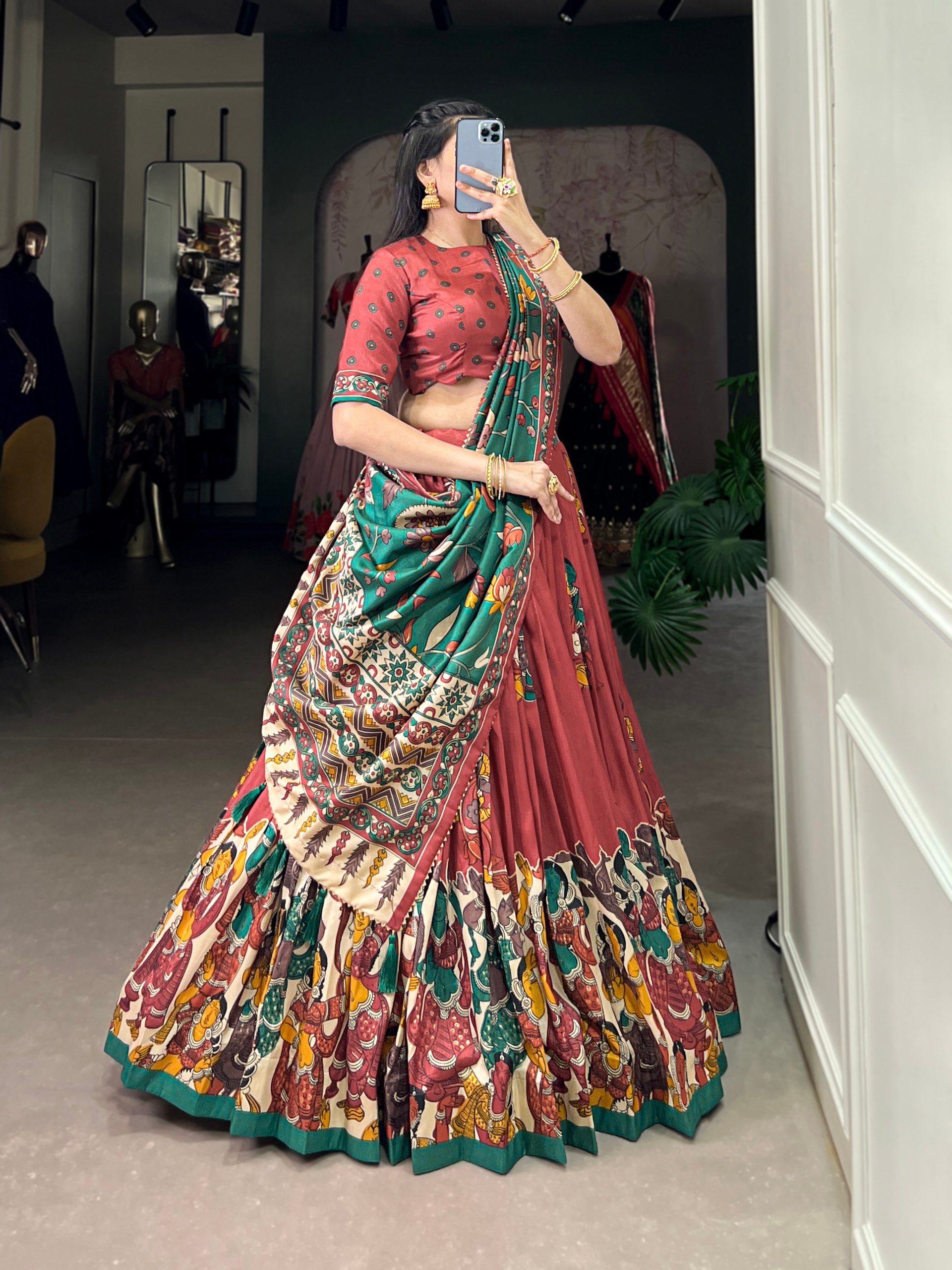 Tribal Folk Art Print Lehenga Choli Set with Handcrafted Dupatta