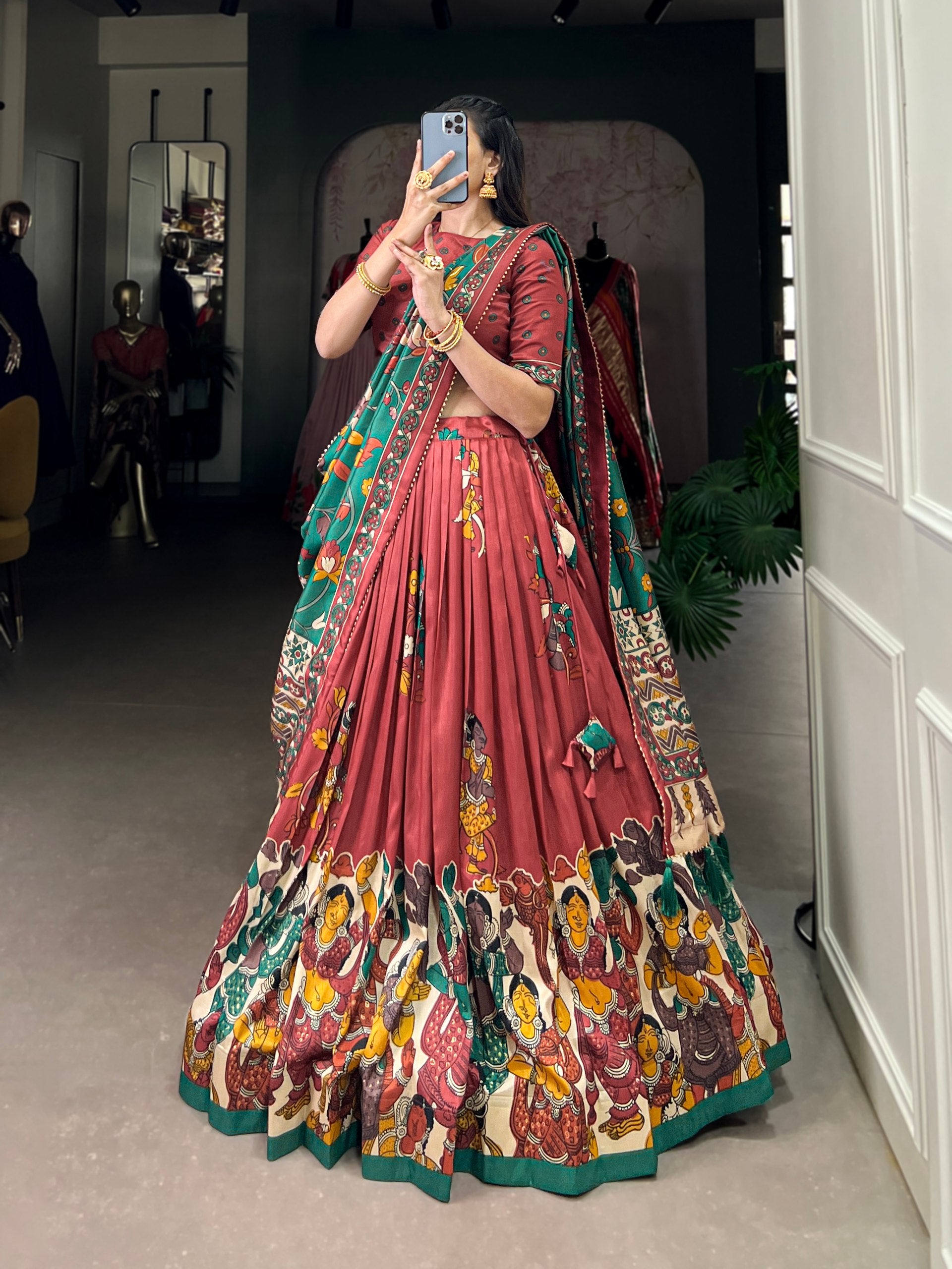 Tribal Folk Art Print Lehenga Choli Set with Handcrafted Dupatta