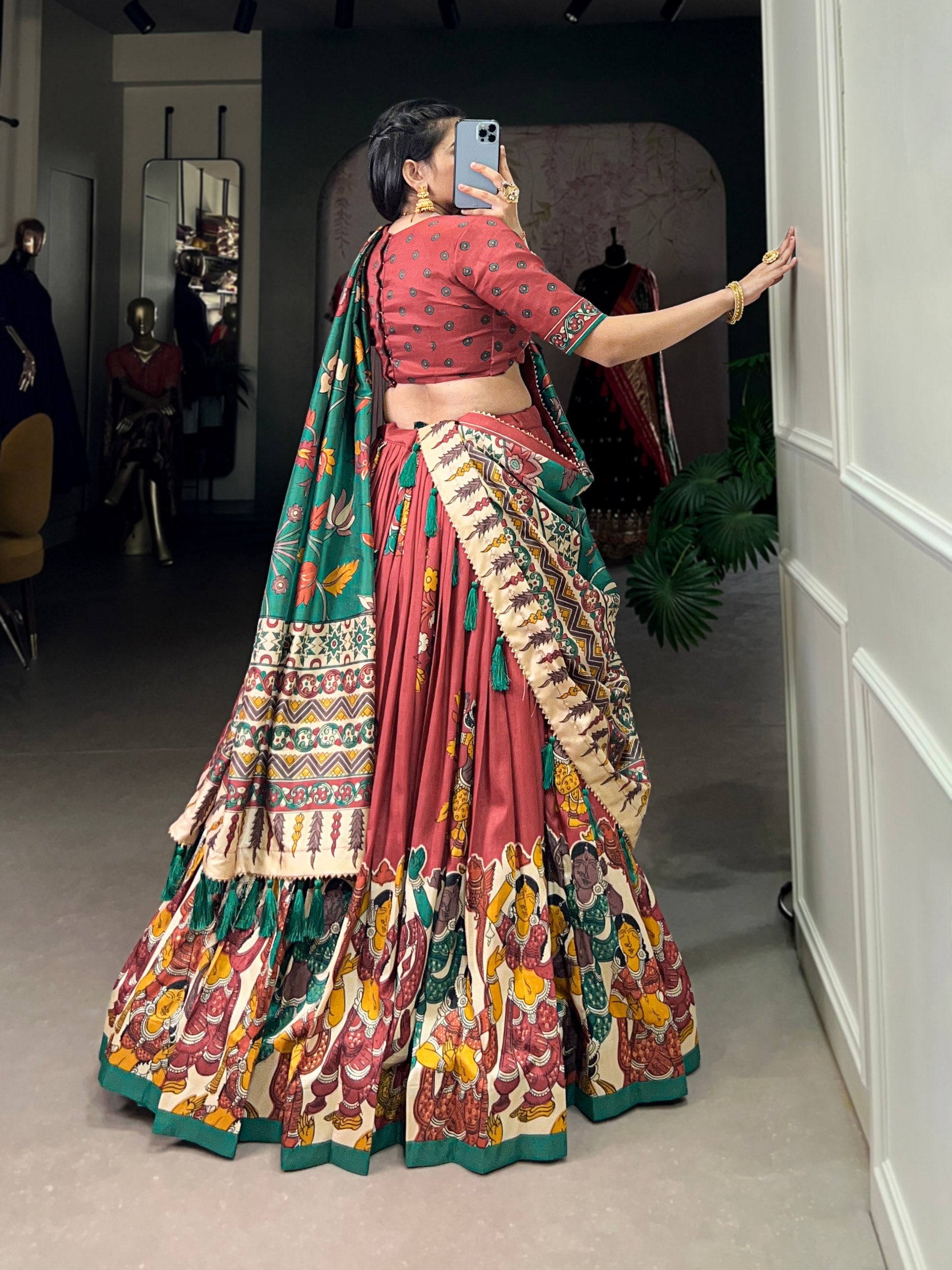 Tribal Folk Art Print Lehenga Choli Set with Handcrafted Dupatta