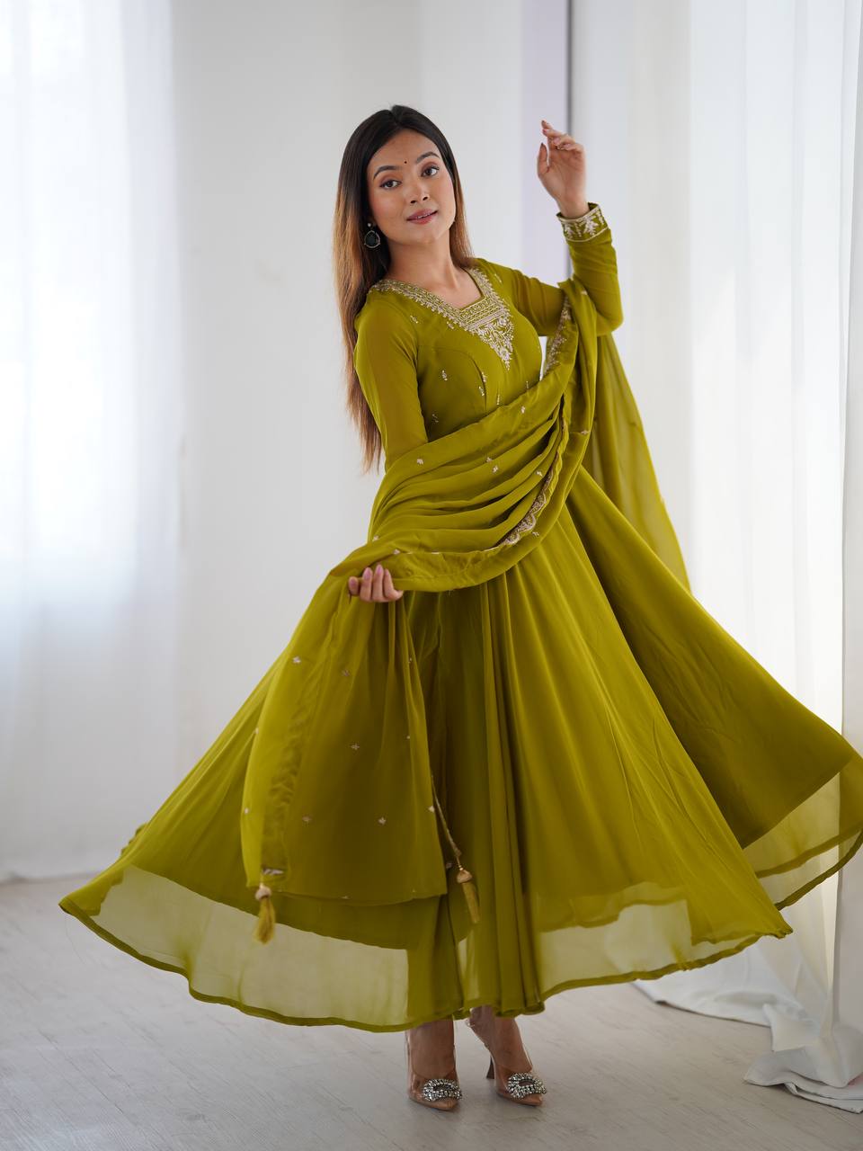 Elegant Embroidered Anarkali Suit – Olive Green