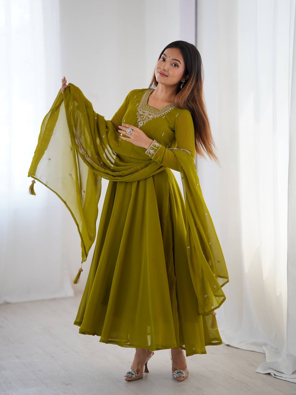 Elegant Embroidered Anarkali Suit – Olive Green