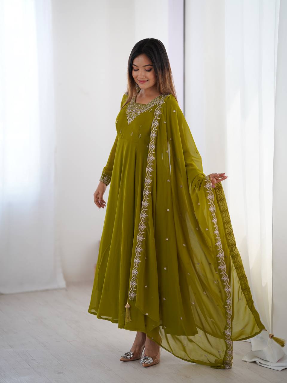 Elegant Embroidered Anarkali Suit – Olive Green