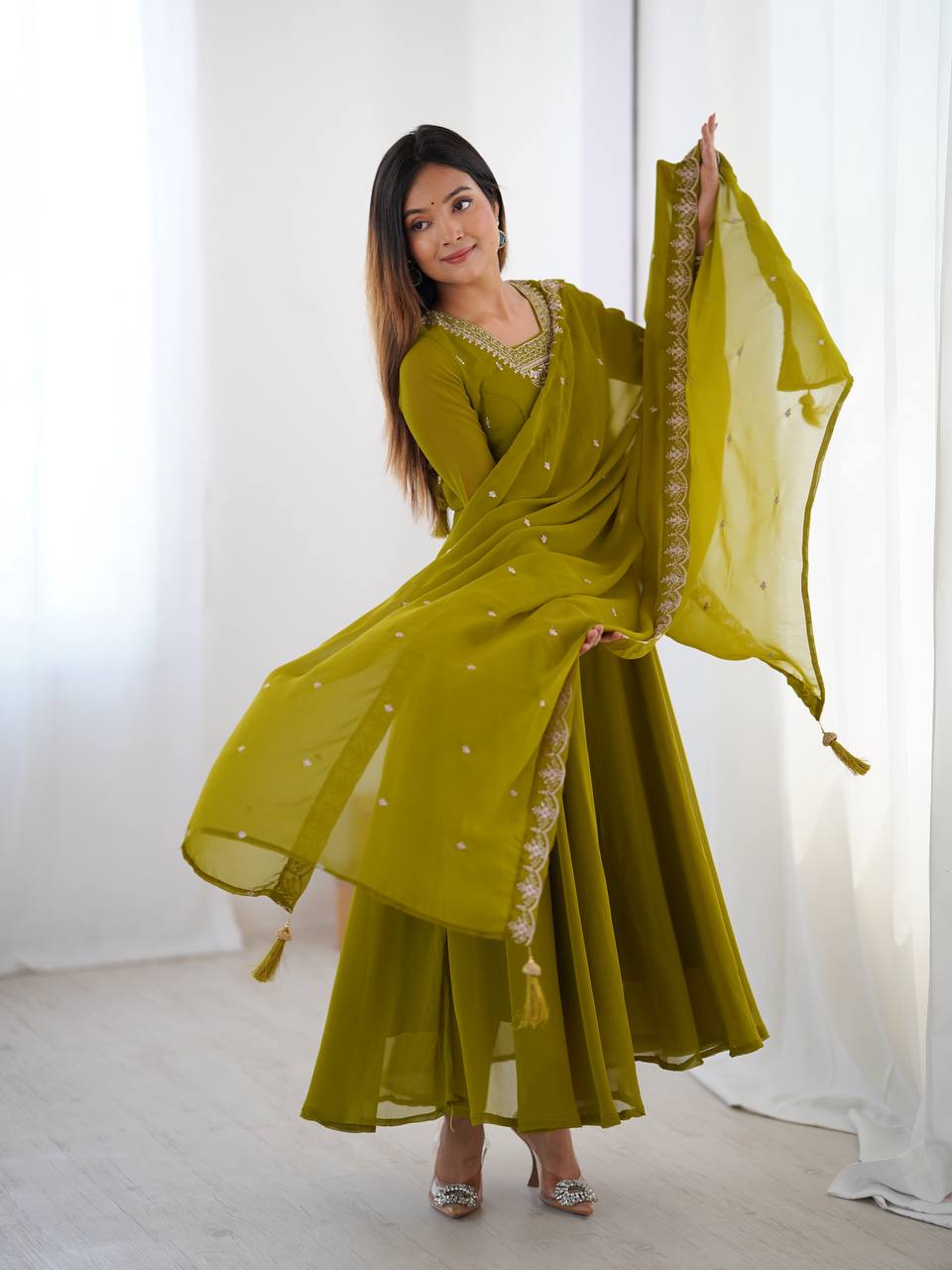 Elegant Embroidered Anarkali Suit – Olive Green