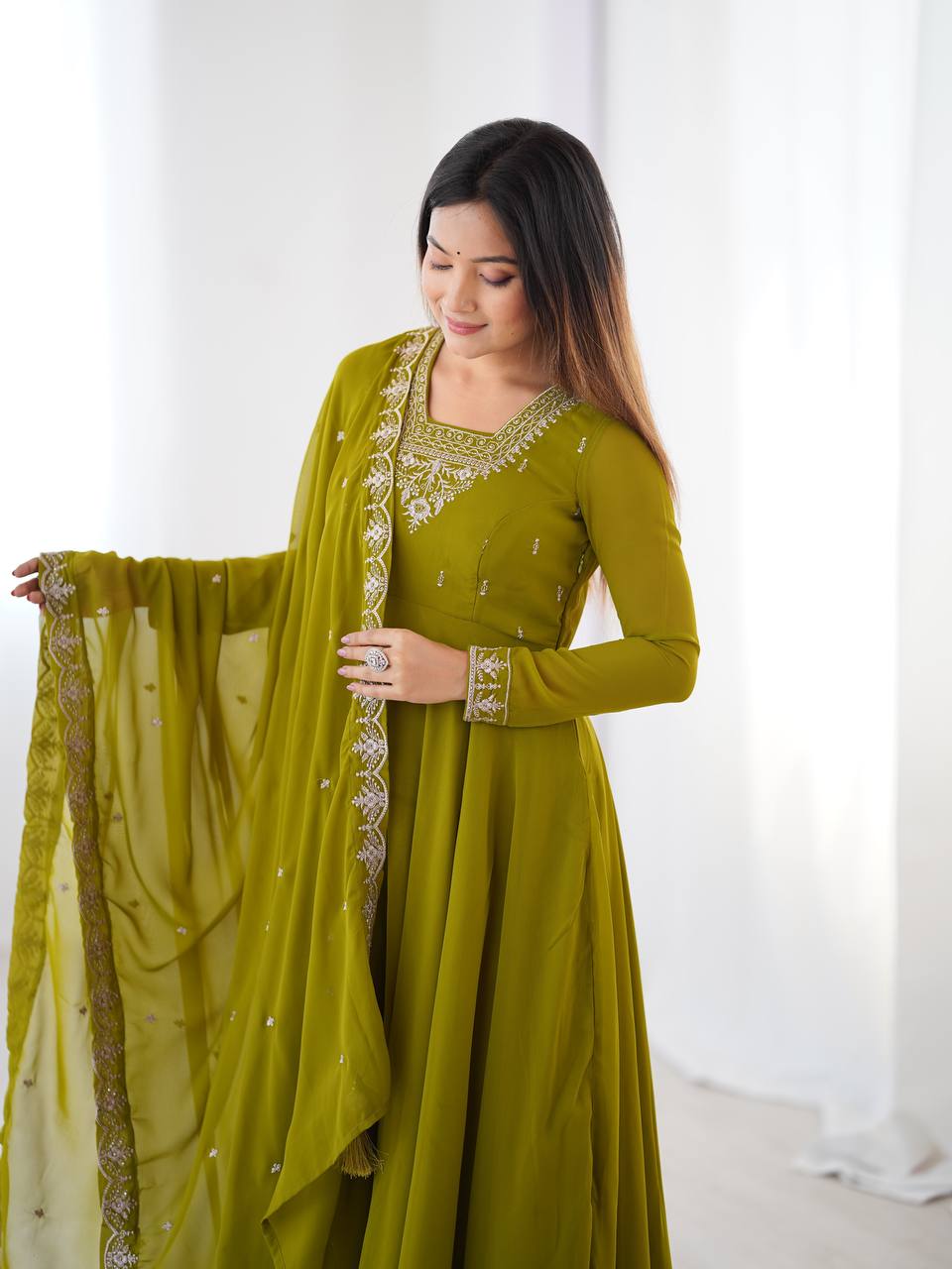 Elegant Embroidered Anarkali Suit – Olive Green