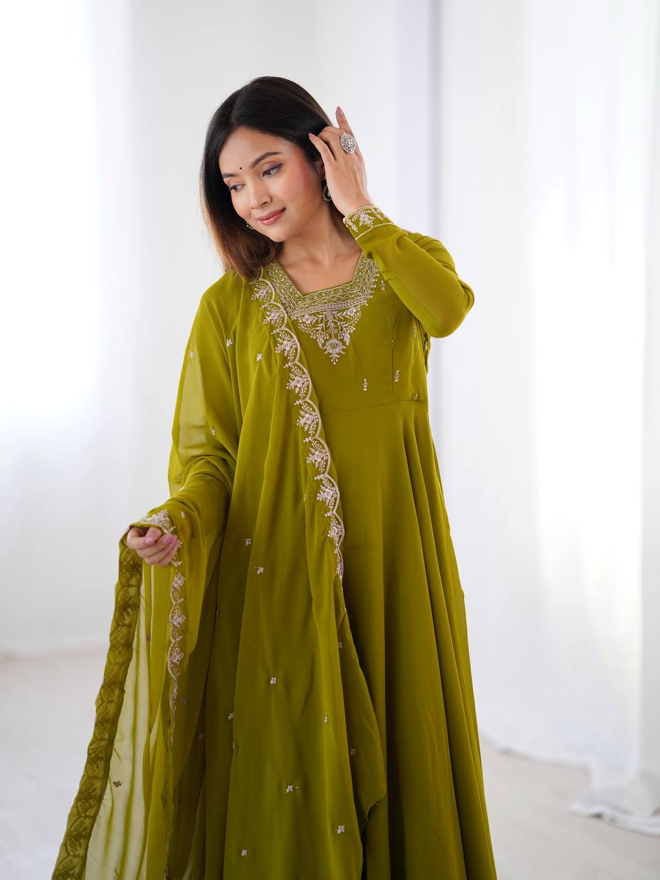 Elegant Embroidered Anarkali Suit – Olive Green