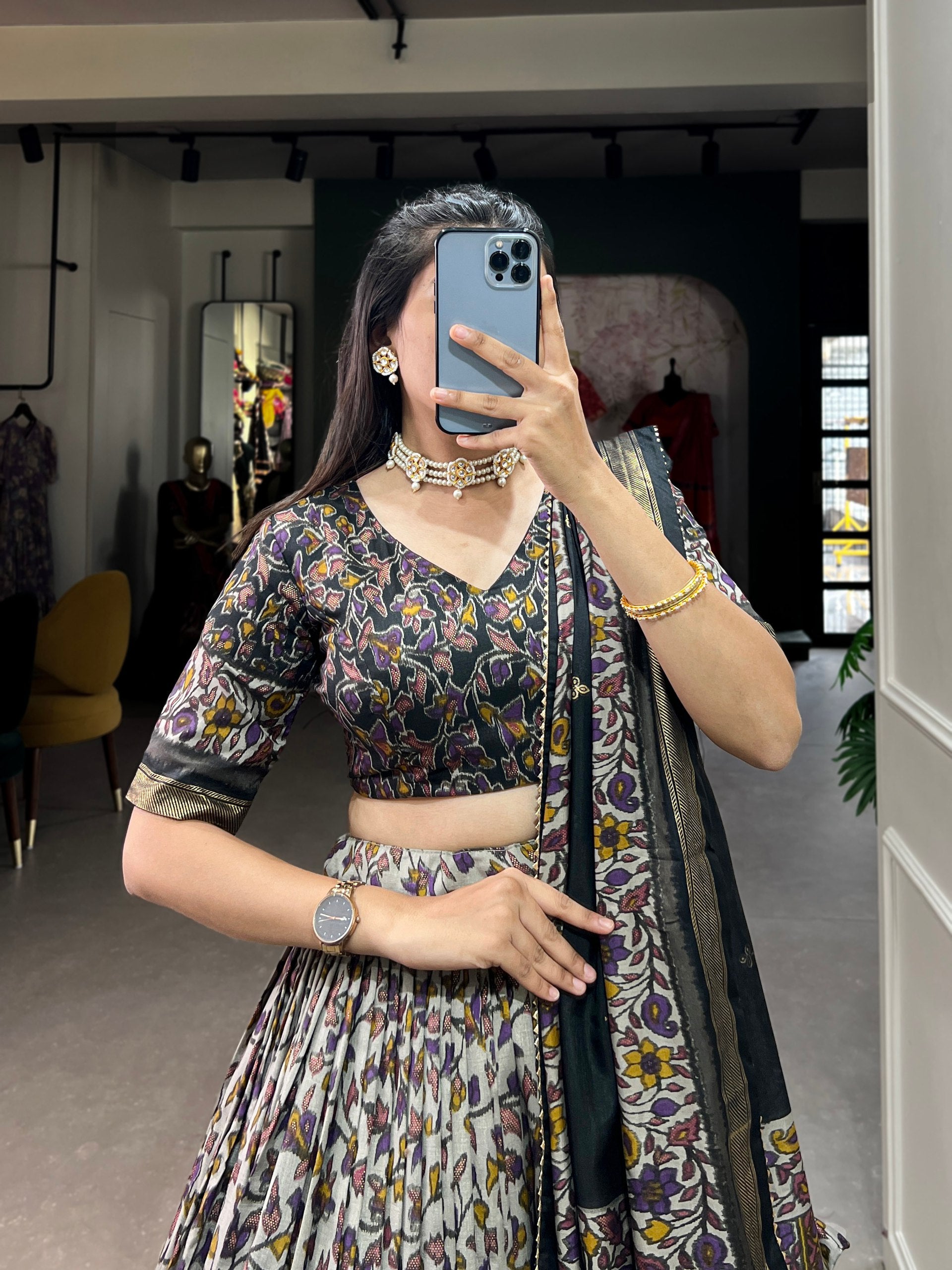 Floral Kalamkari Lehenga with Printed Blouse and Zari Border Dupatta