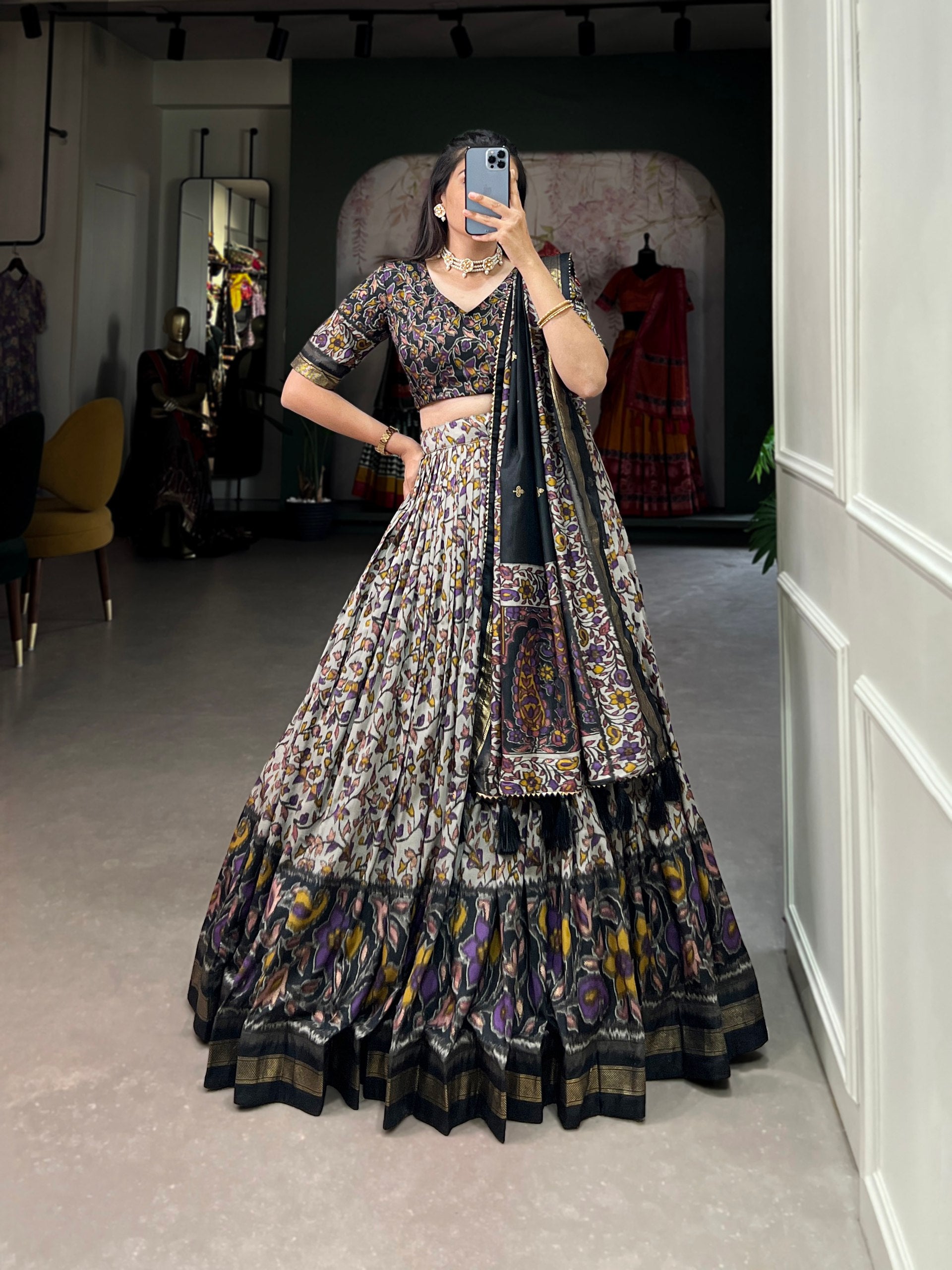 Floral Kalamkari Lehenga with Printed Blouse and Zari Border Dupatta