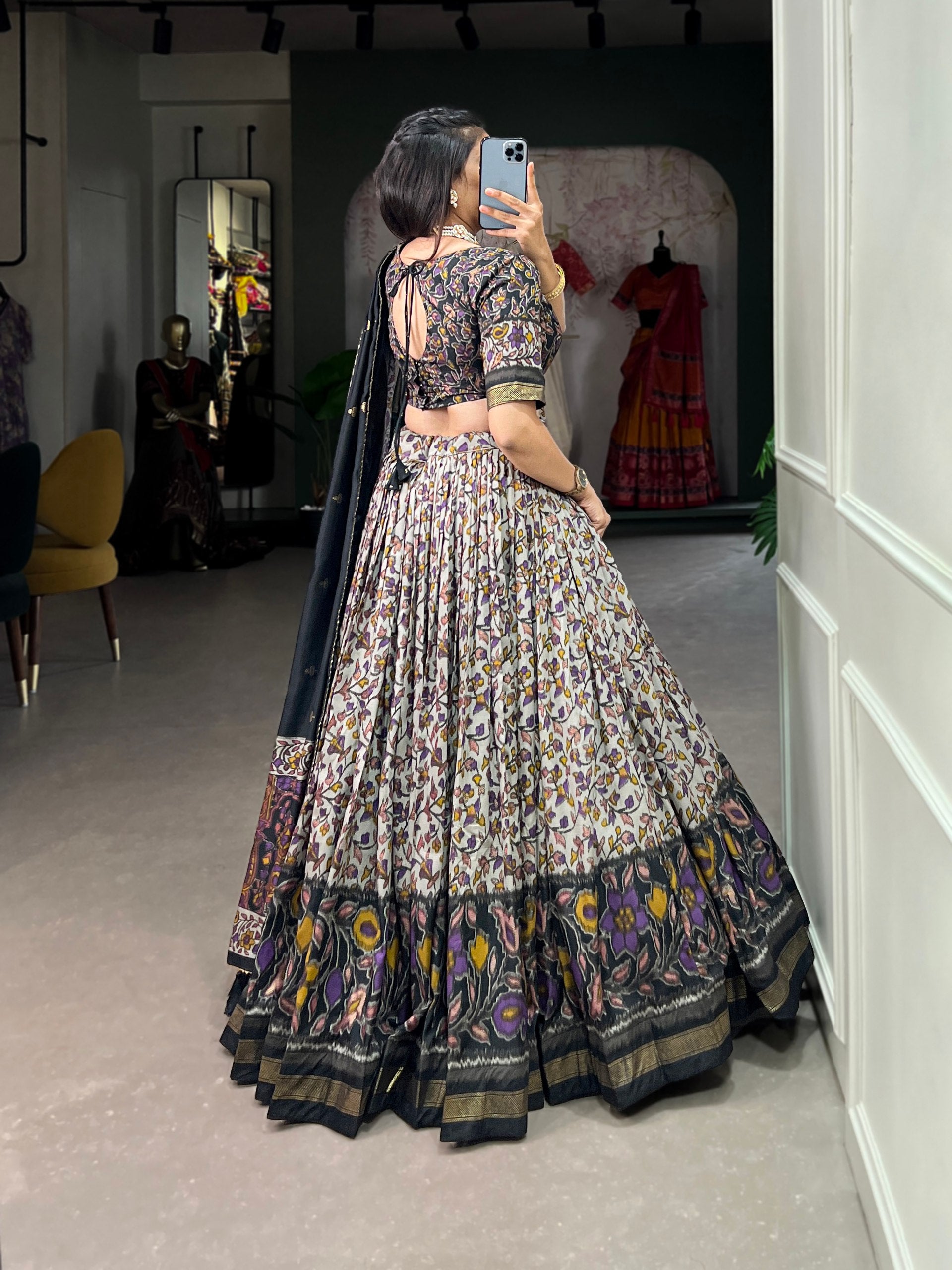 Floral Kalamkari Lehenga with Printed Blouse and Zari Border Dupatta