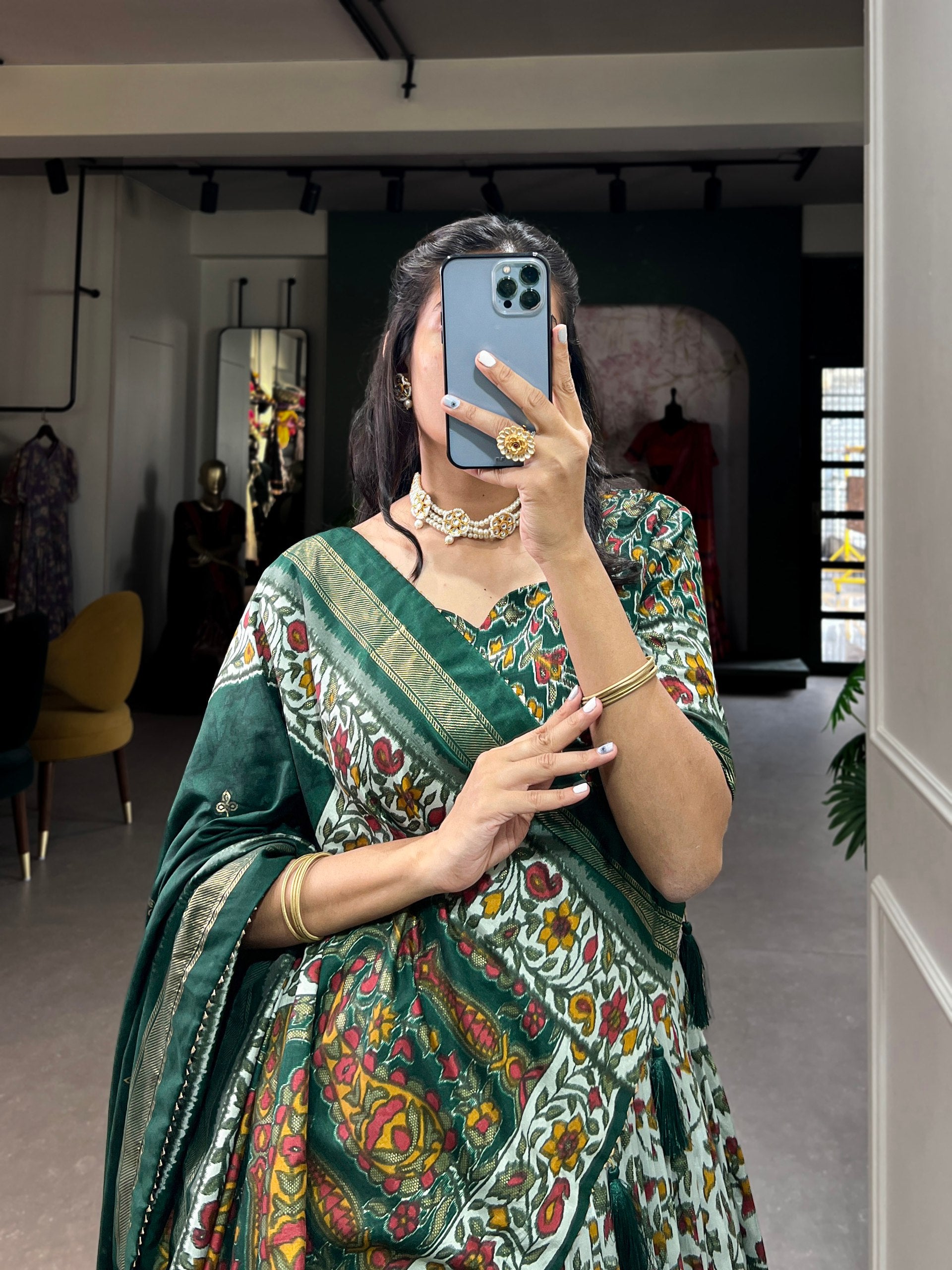 Floral Kalamkari Lehenga with Printed Blouse and Zari Border Dupatta