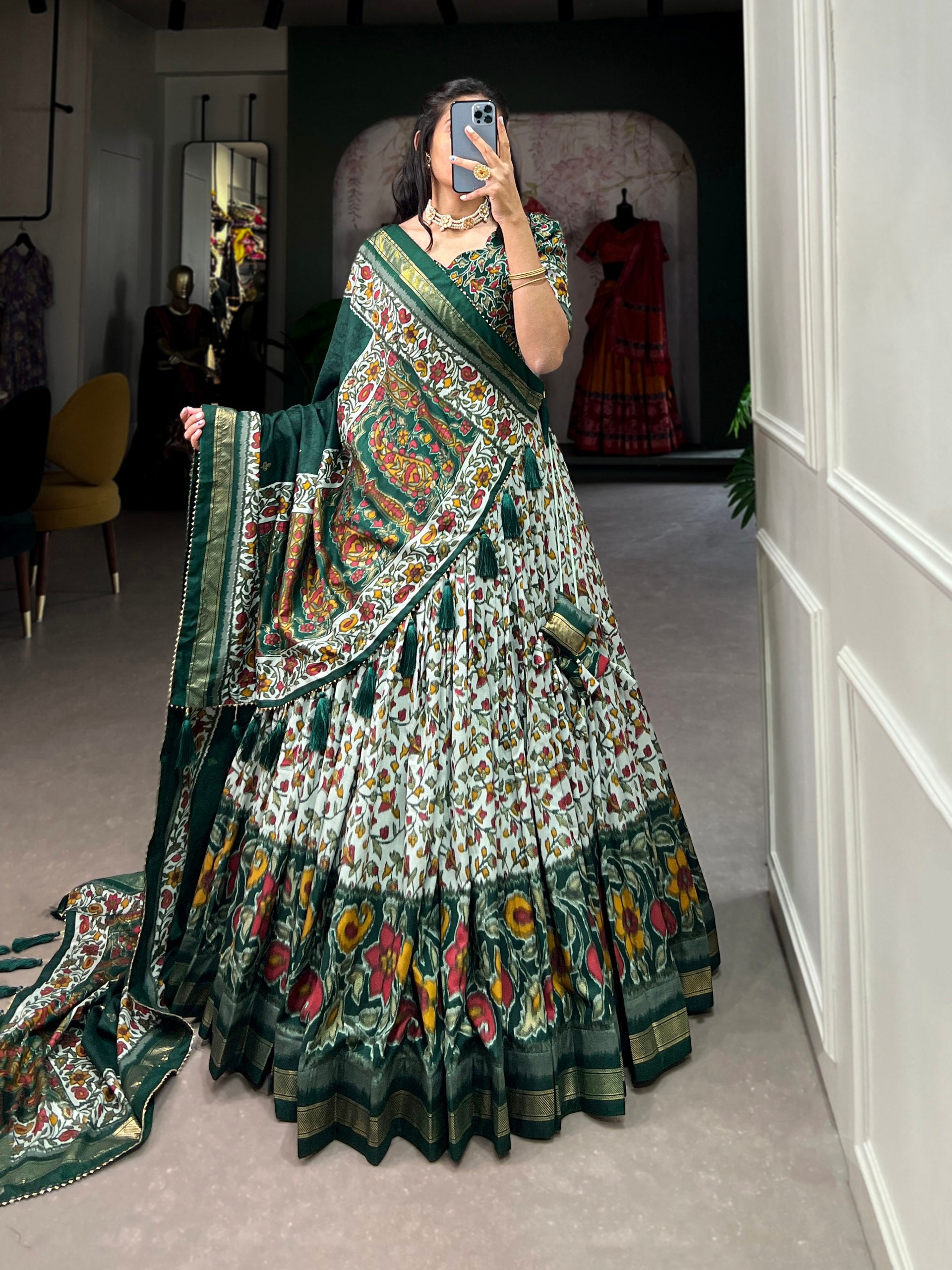 Floral Kalamkari Lehenga with Printed Blouse and Zari Border Dupatta