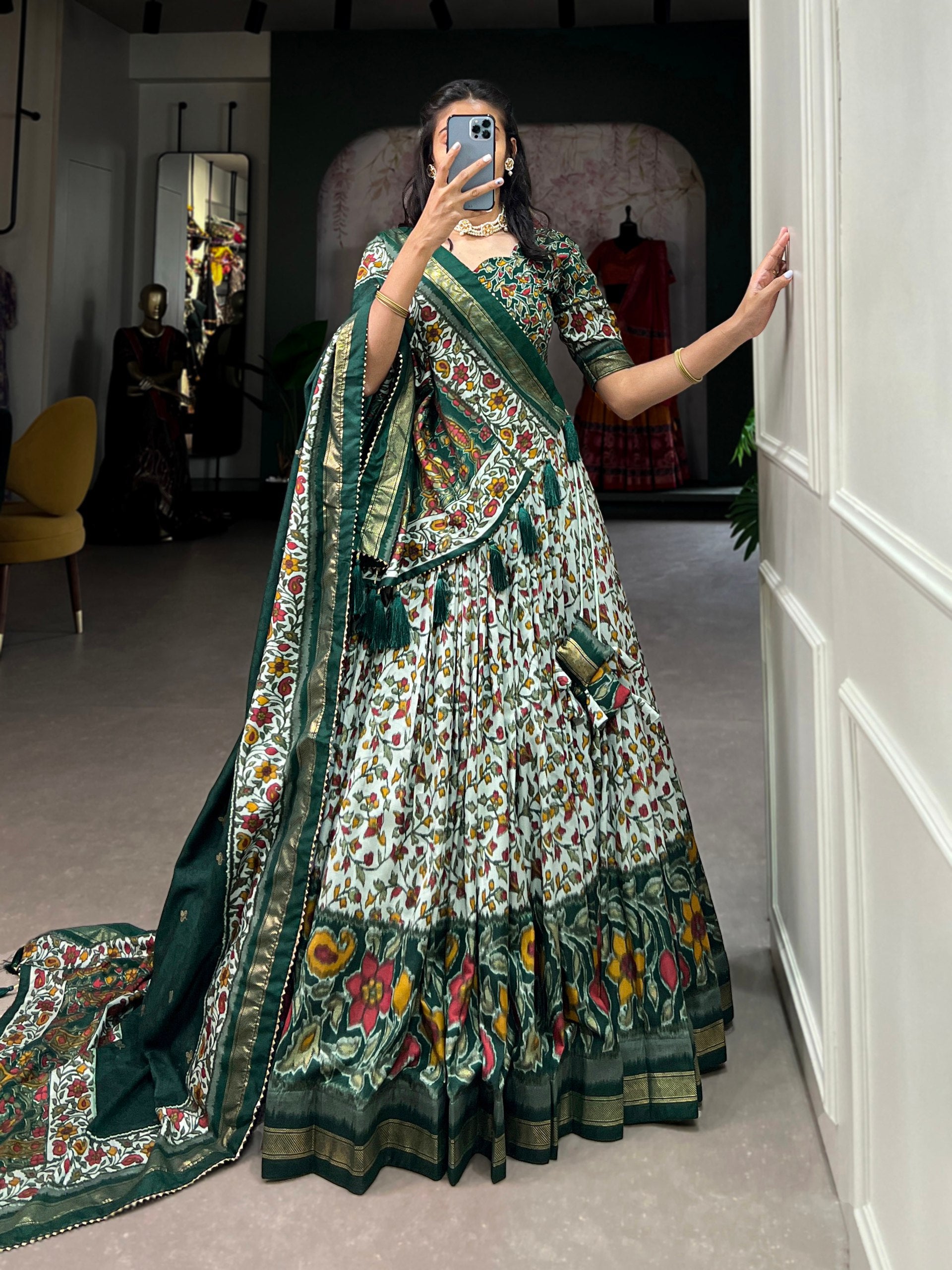 Floral Kalamkari Lehenga with Printed Blouse and Zari Border Dupatta