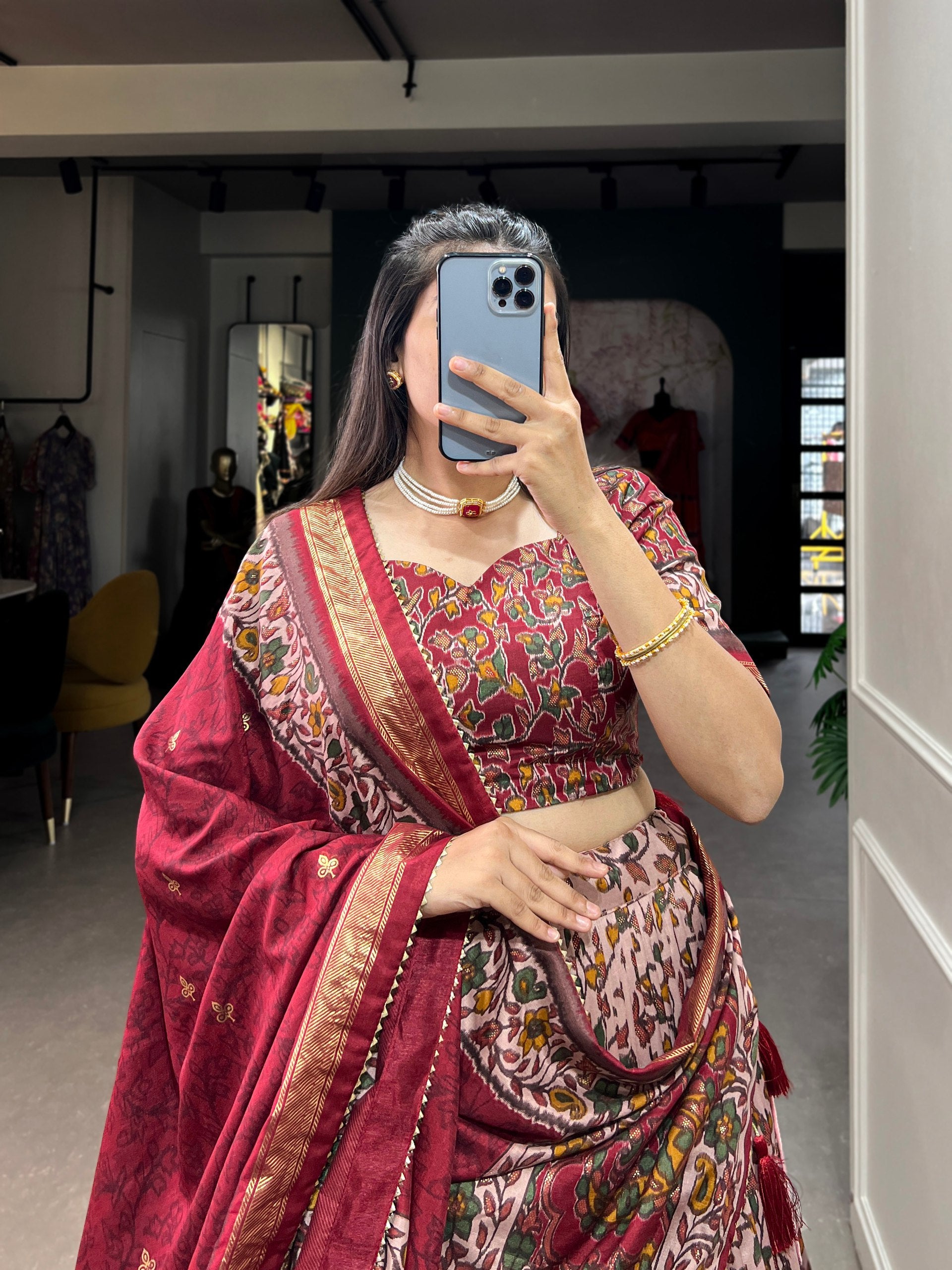 Floral Kalamkari Lehenga with Printed Blouse and Zari Border Dupatta