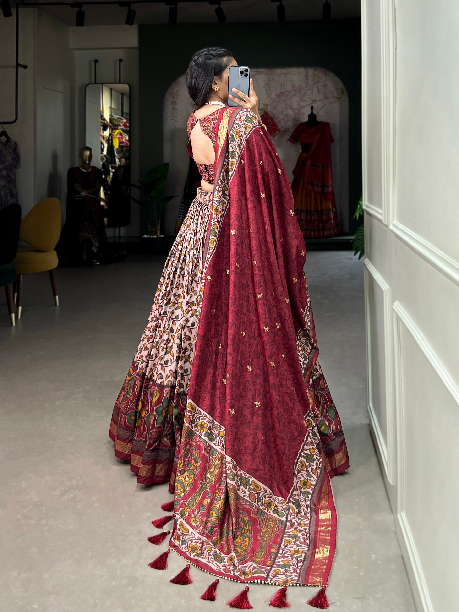Floral Kalamkari Lehenga with Printed Blouse and Zari Border Dupatta
