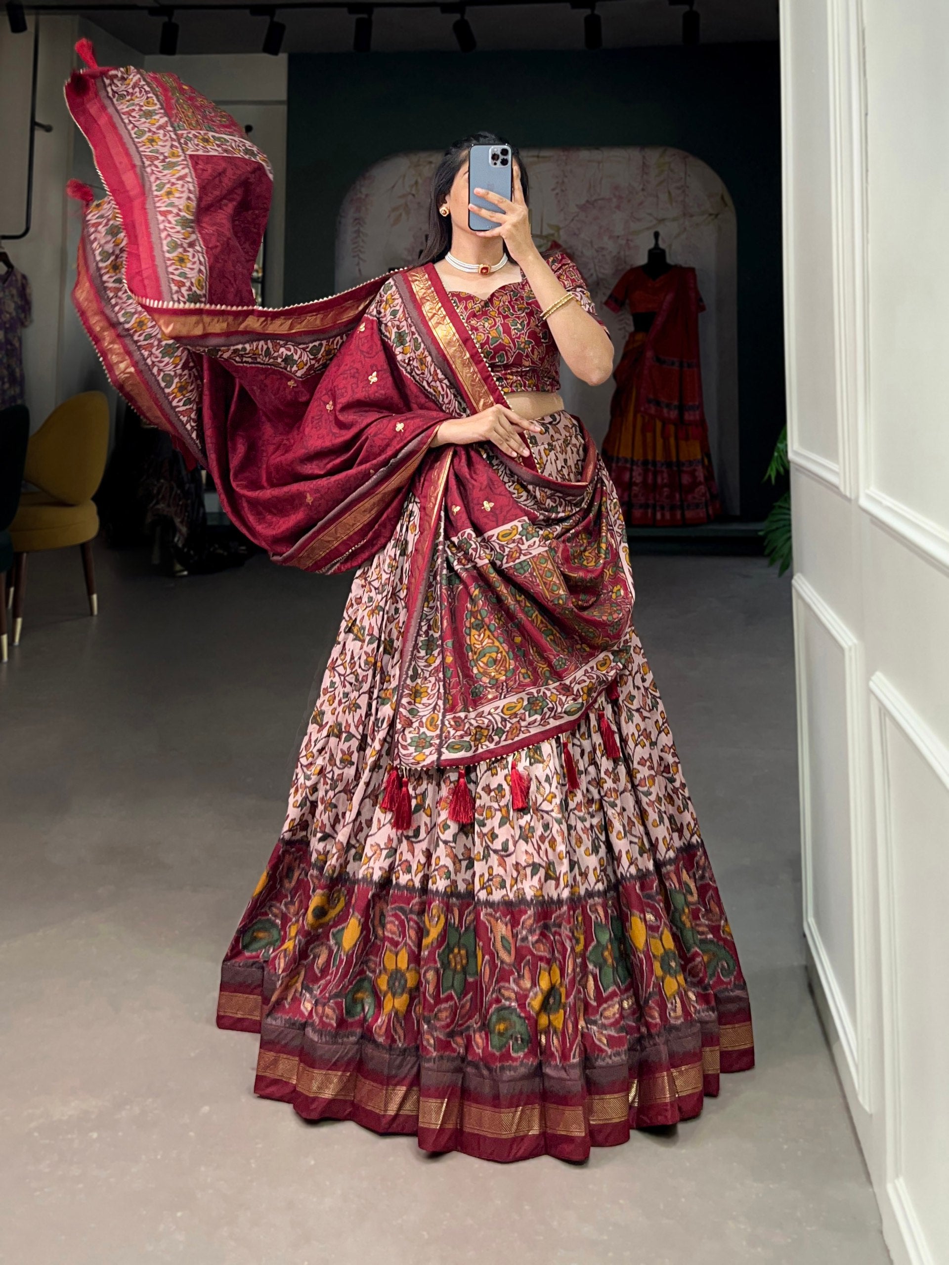 Floral Kalamkari Lehenga with Printed Blouse and Zari Border Dupatta