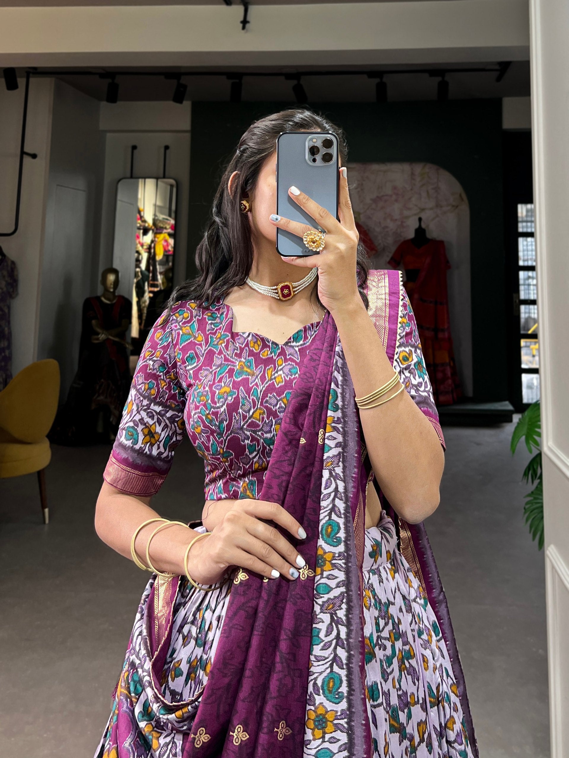 Floral Kalamkari Lehenga with Printed Blouse and Zari Border Dupatta
