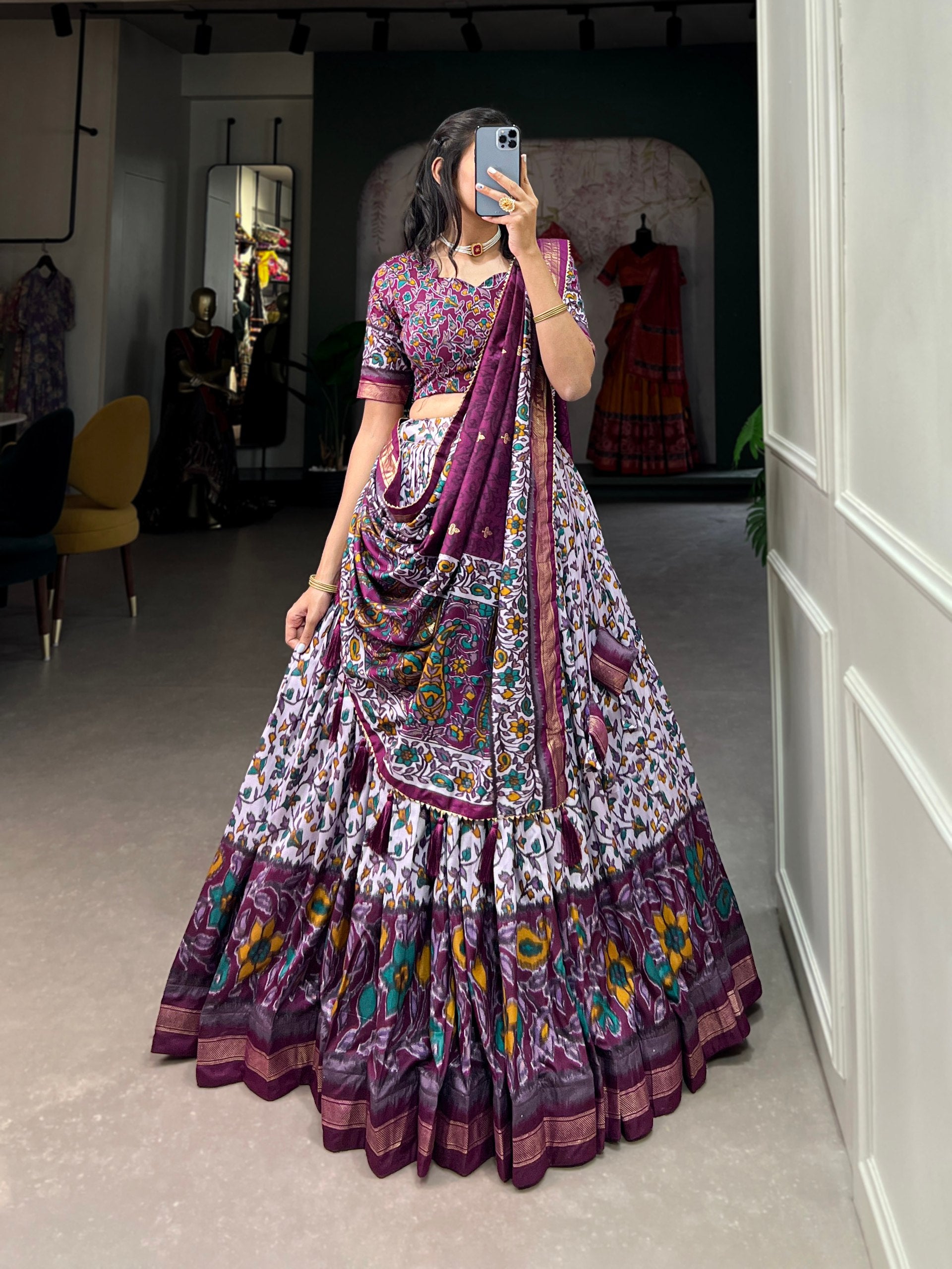 Floral Kalamkari Lehenga with Printed Blouse and Zari Border Dupatta