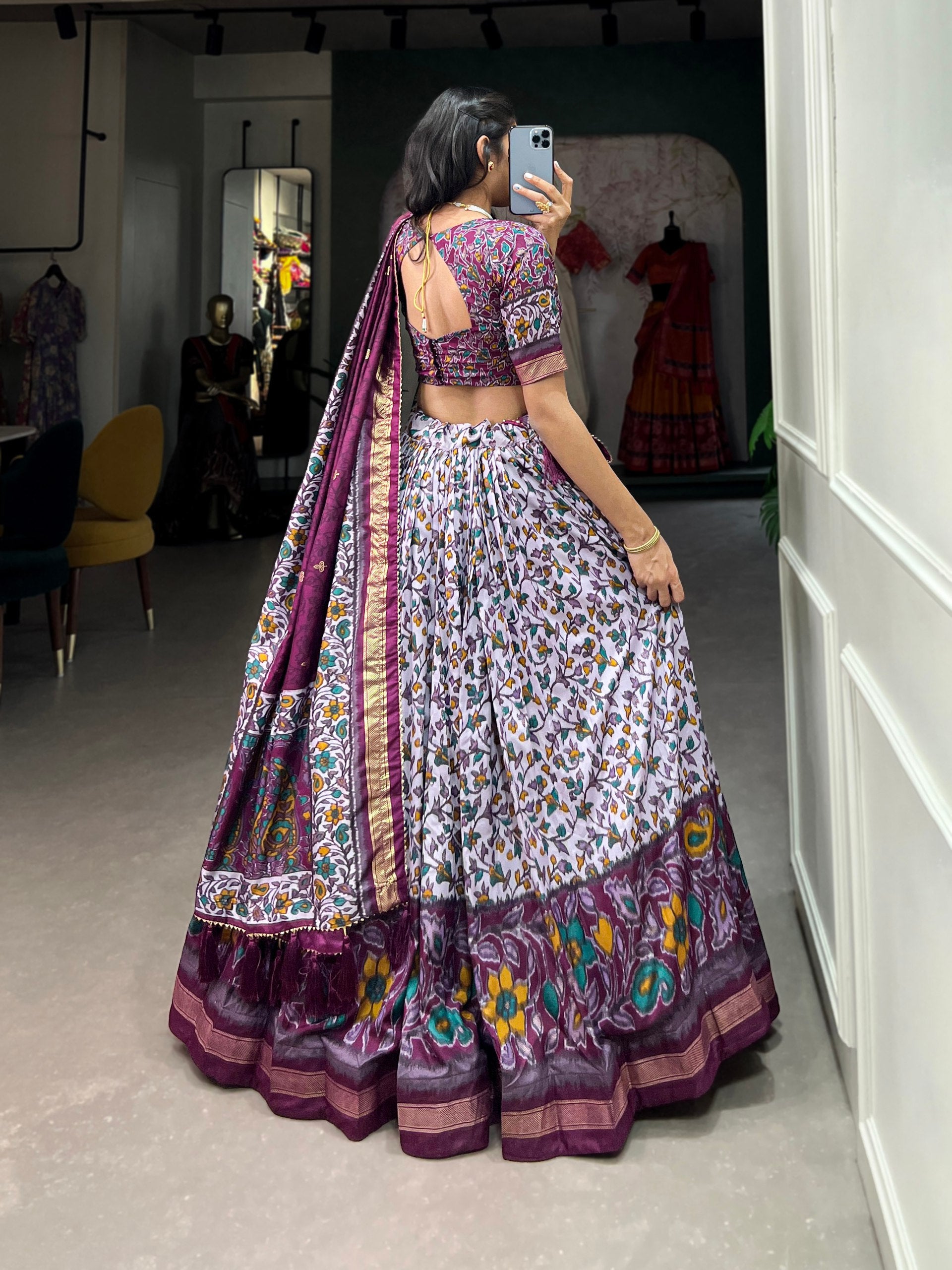 Floral Kalamkari Lehenga with Printed Blouse and Zari Border Dupatta
