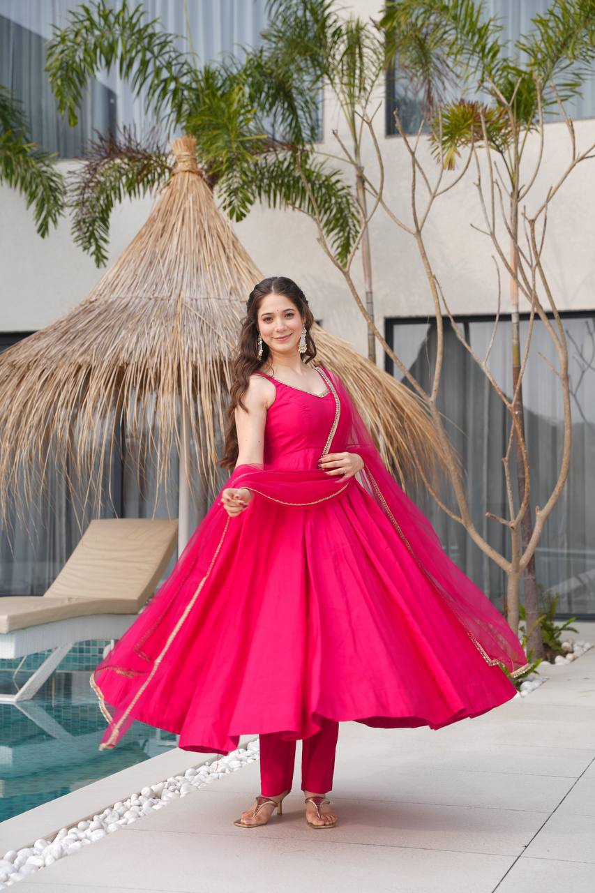 Vibrant Hot Pink Anarkali Suit with Sheer Dupatta
