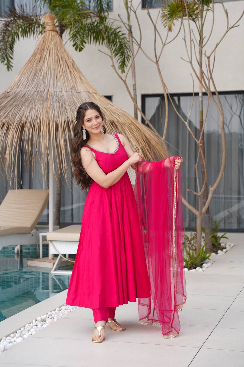 Vibrant Hot Pink Anarkali Suit with Sheer Dupatta