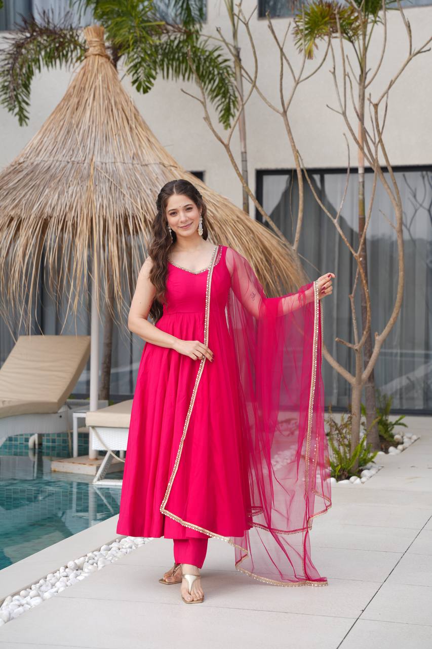 Vibrant Hot Pink Anarkali Suit with Sheer Dupatta