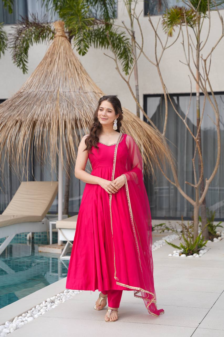Vibrant Hot Pink Anarkali Suit with Sheer Dupatta