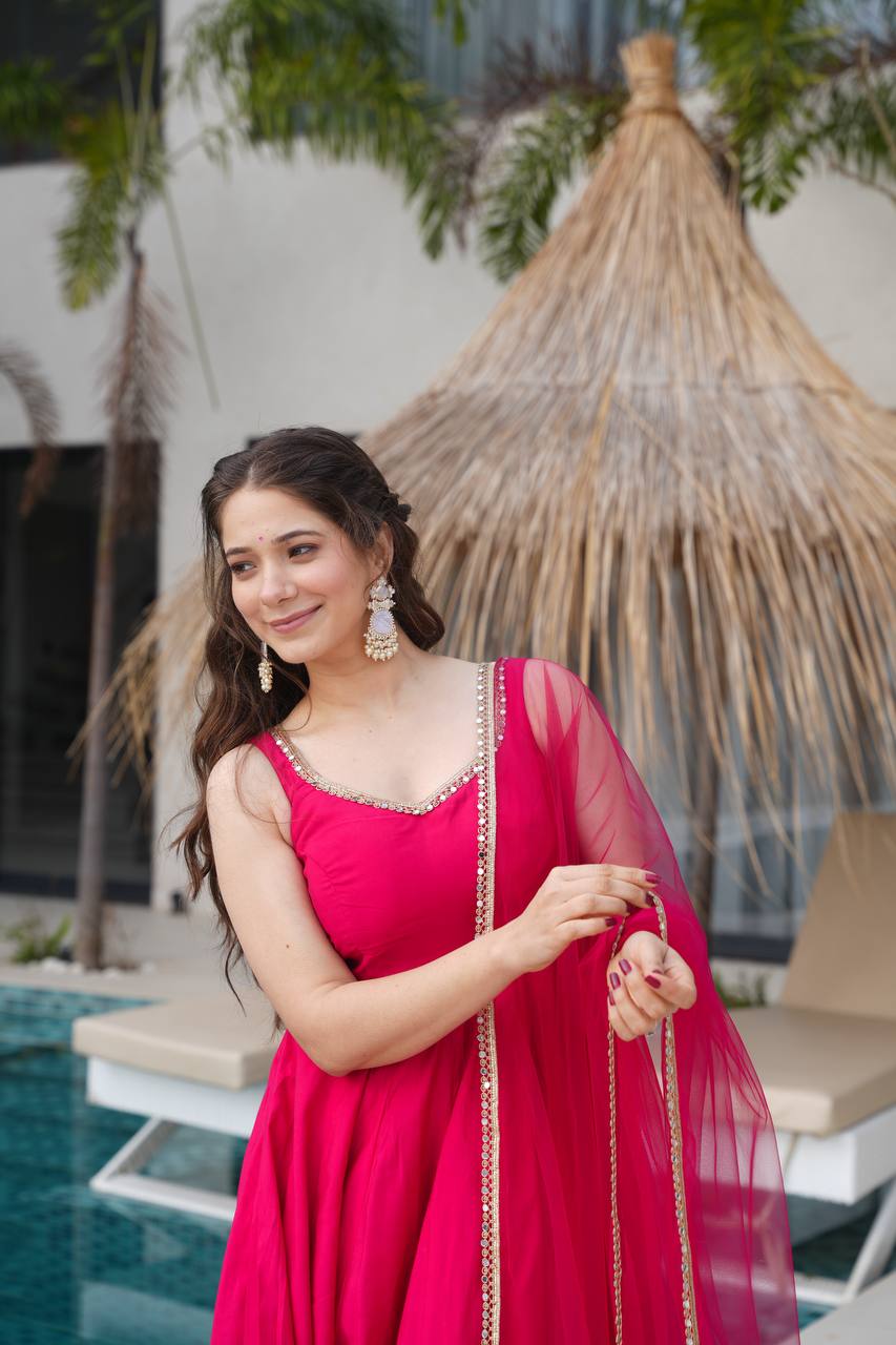 Vibrant Hot Pink Anarkali Suit with Sheer Dupatta