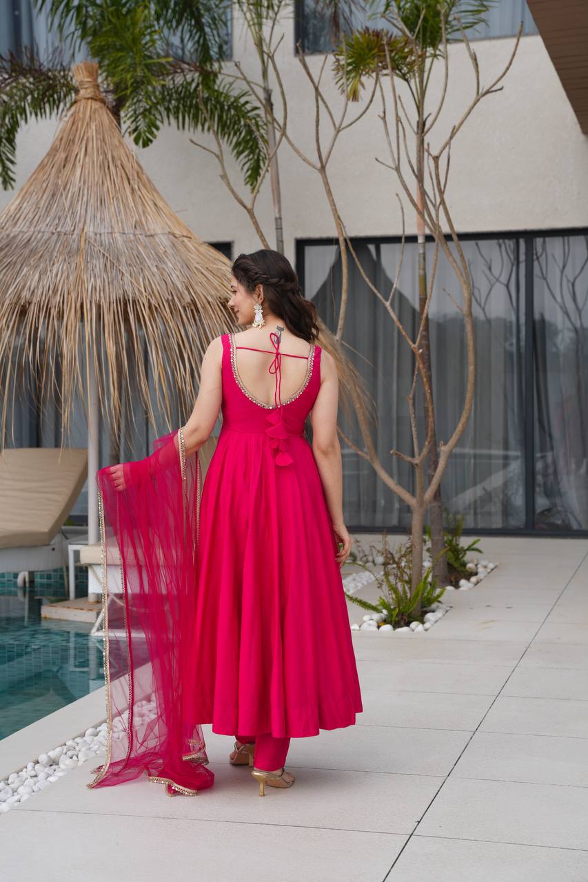 Vibrant Hot Pink Anarkali Suit with Sheer Dupatta