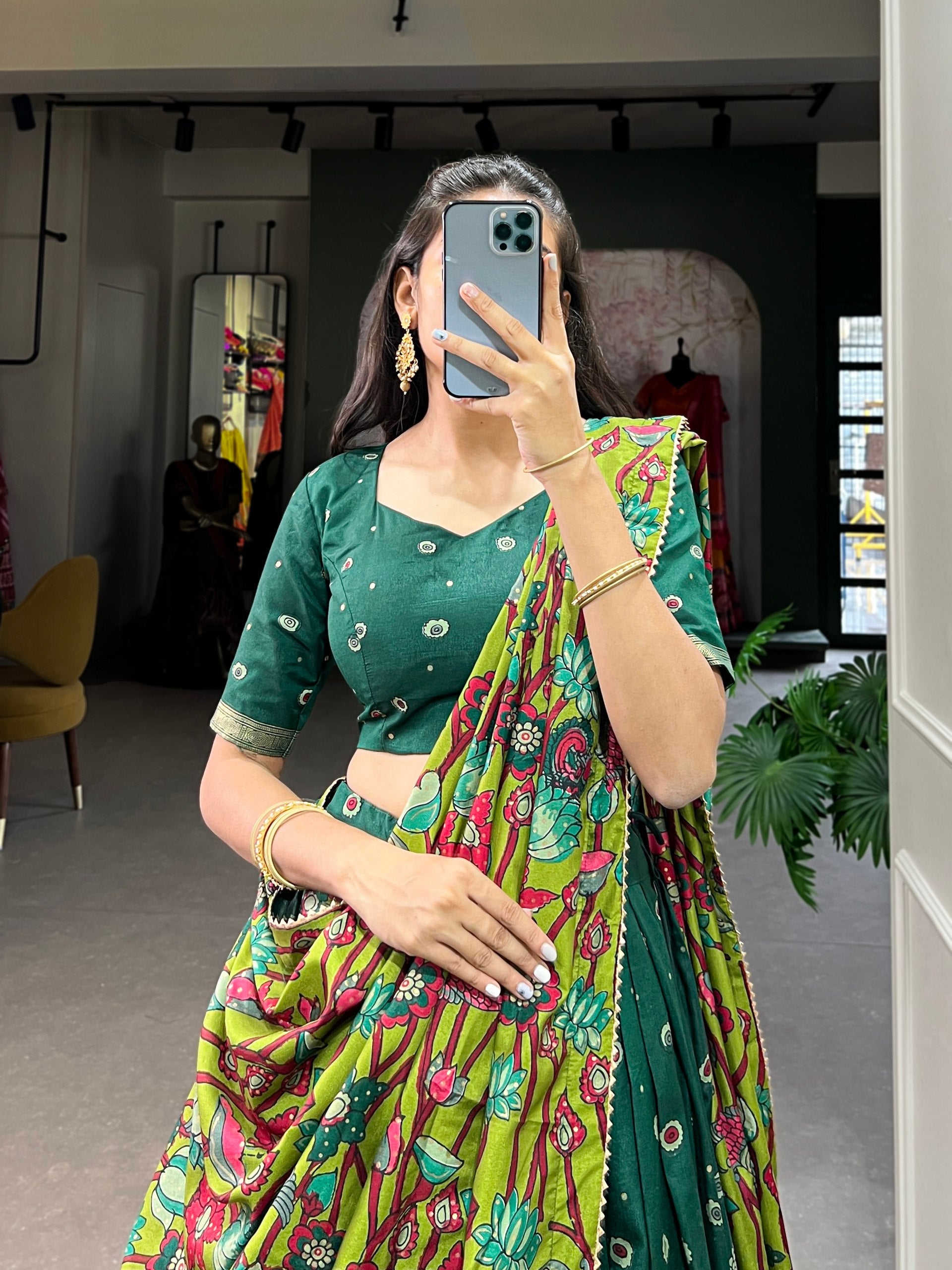 Ethnic Hand-Painted Kalamkari Lehenga with Embellished Blouse and Rich Border Dupatta