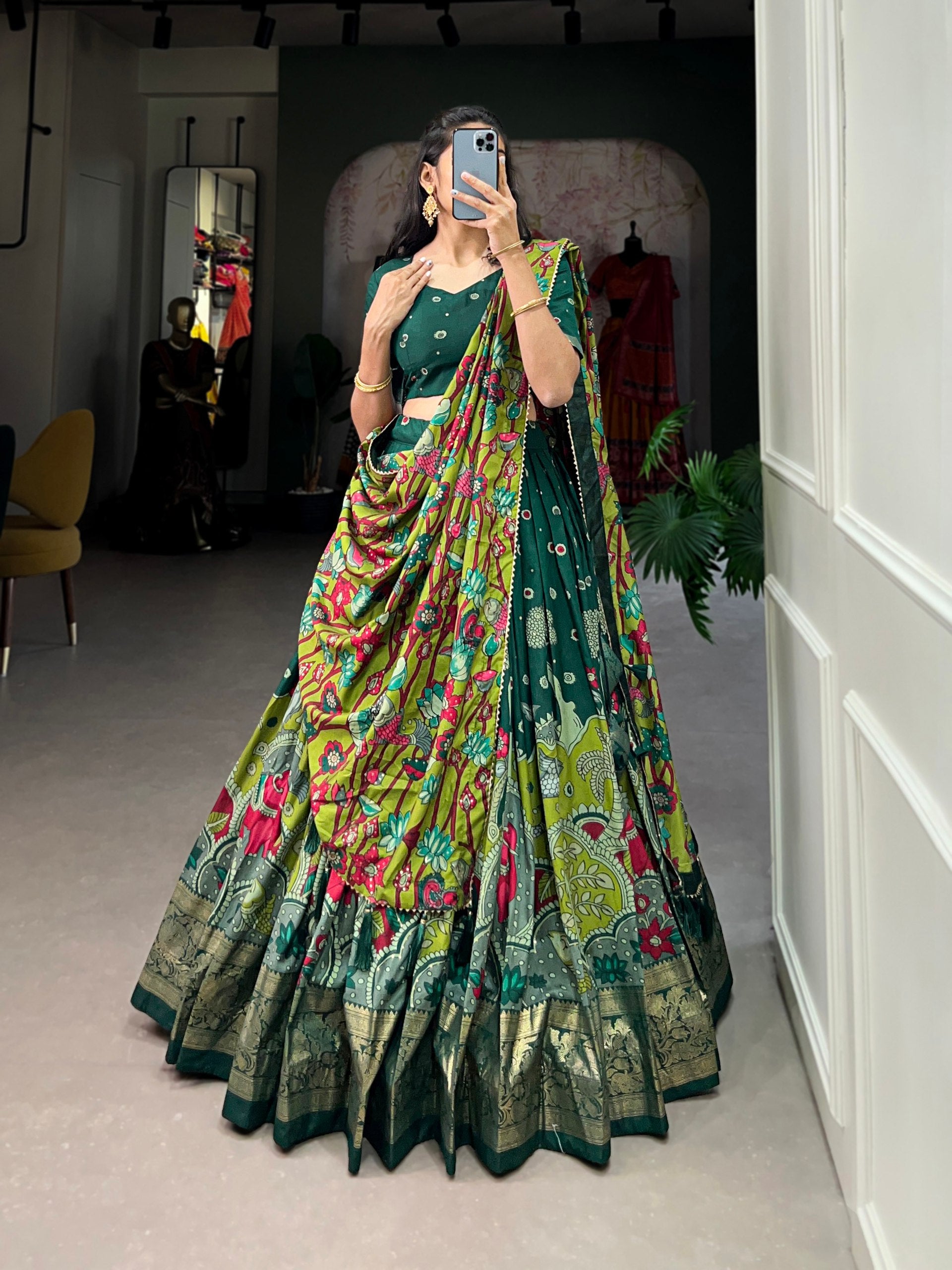 Ethnic Hand-Painted Kalamkari Lehenga with Embellished Blouse and Rich Border Dupatta