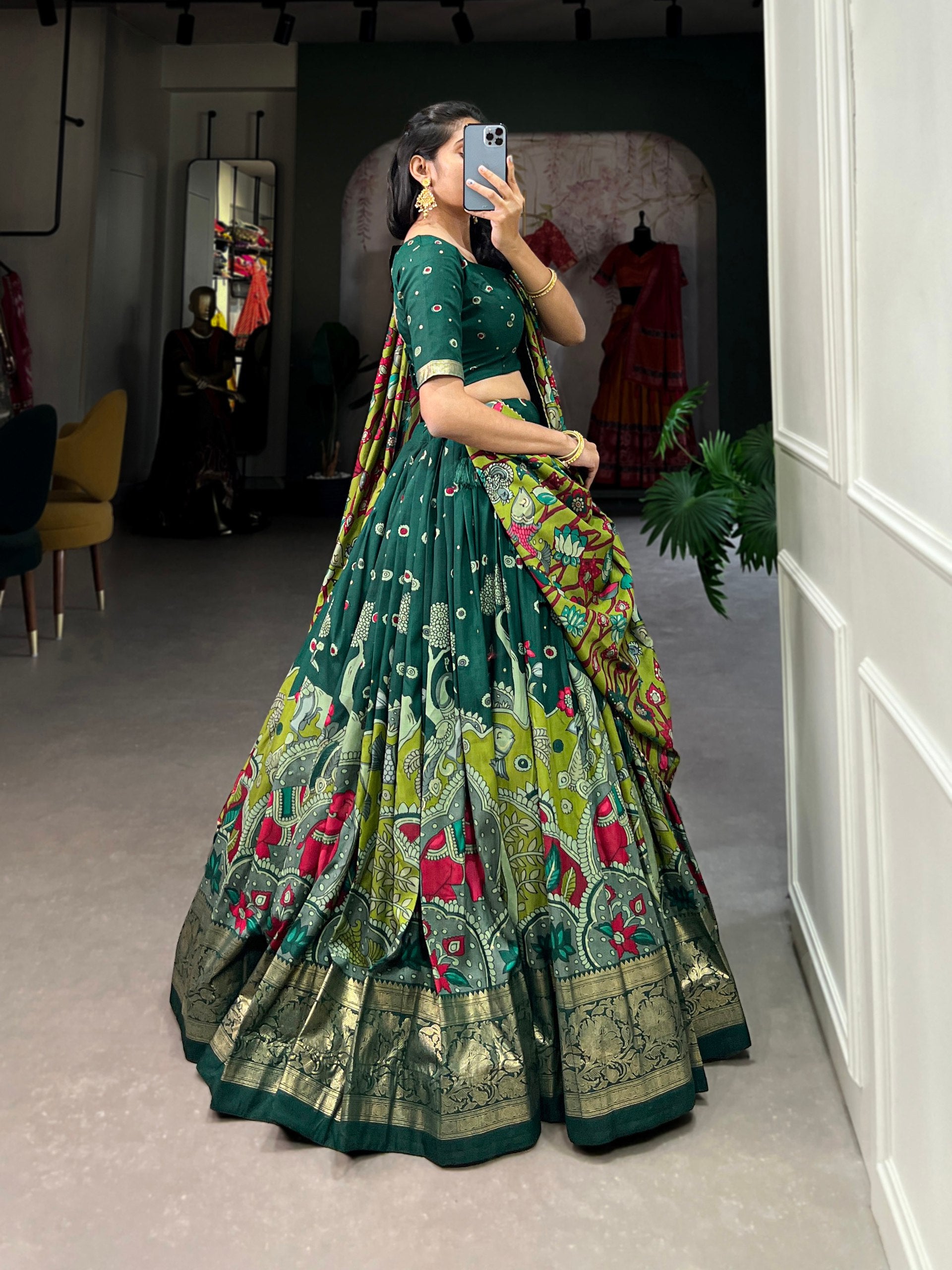 Ethnic Hand-Painted Kalamkari Lehenga with Embellished Blouse and Rich Border Dupatta