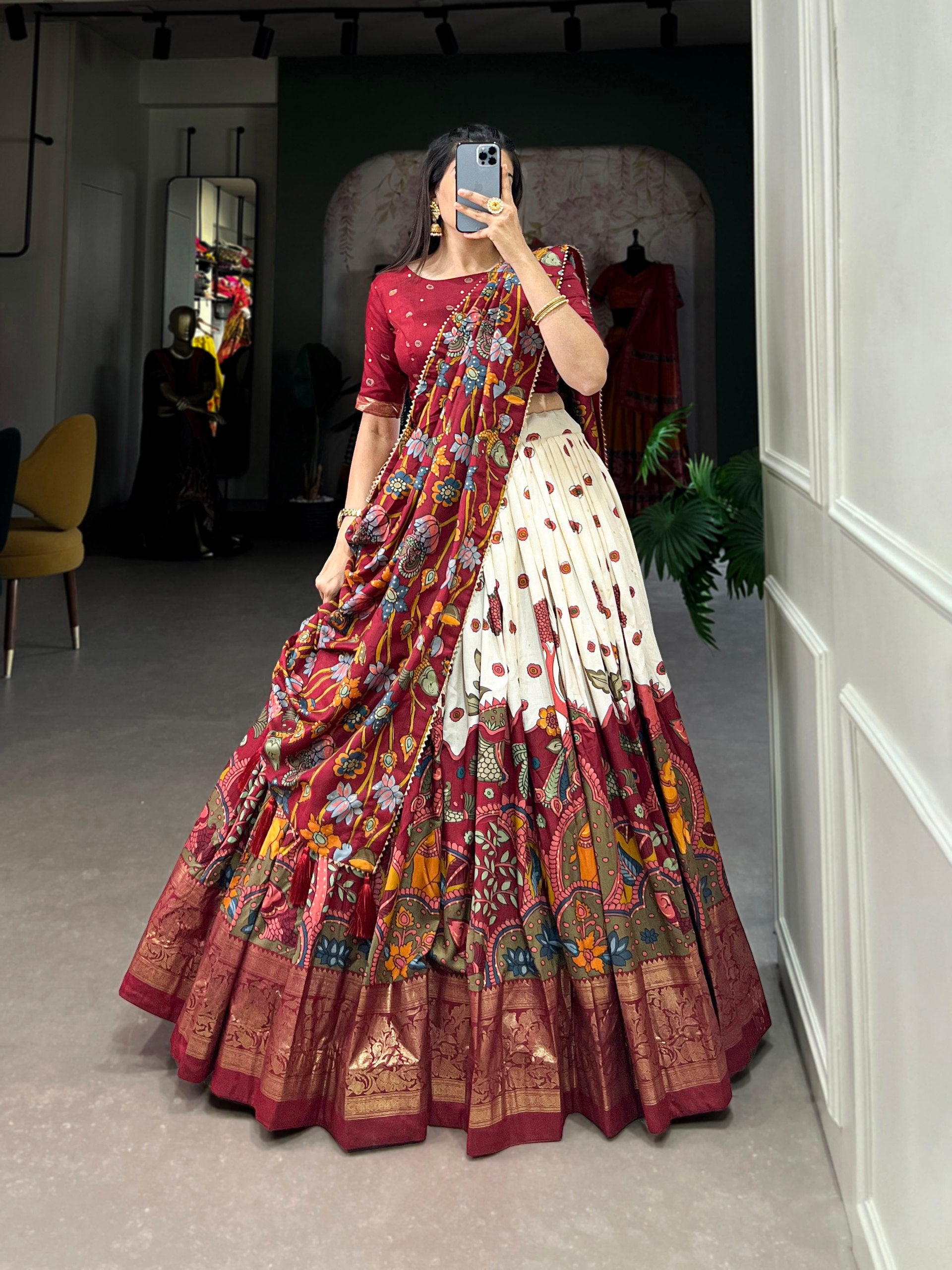 Ethnic Hand-Painted Kalamkari Lehenga with Embellished Blouse and Rich Border Dupatta