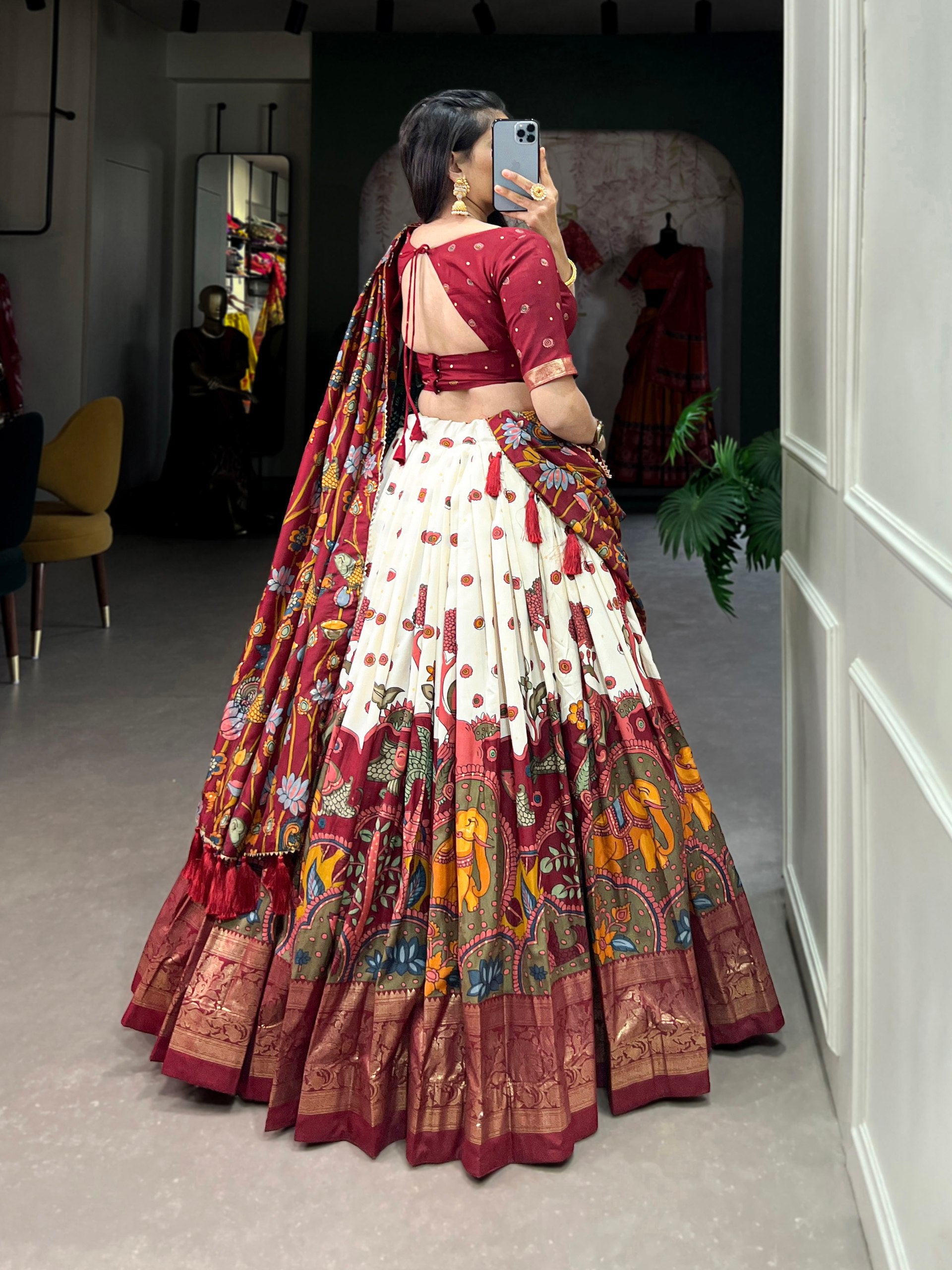 Ethnic Hand-Painted Kalamkari Lehenga with Embellished Blouse and Rich Border Dupatta
