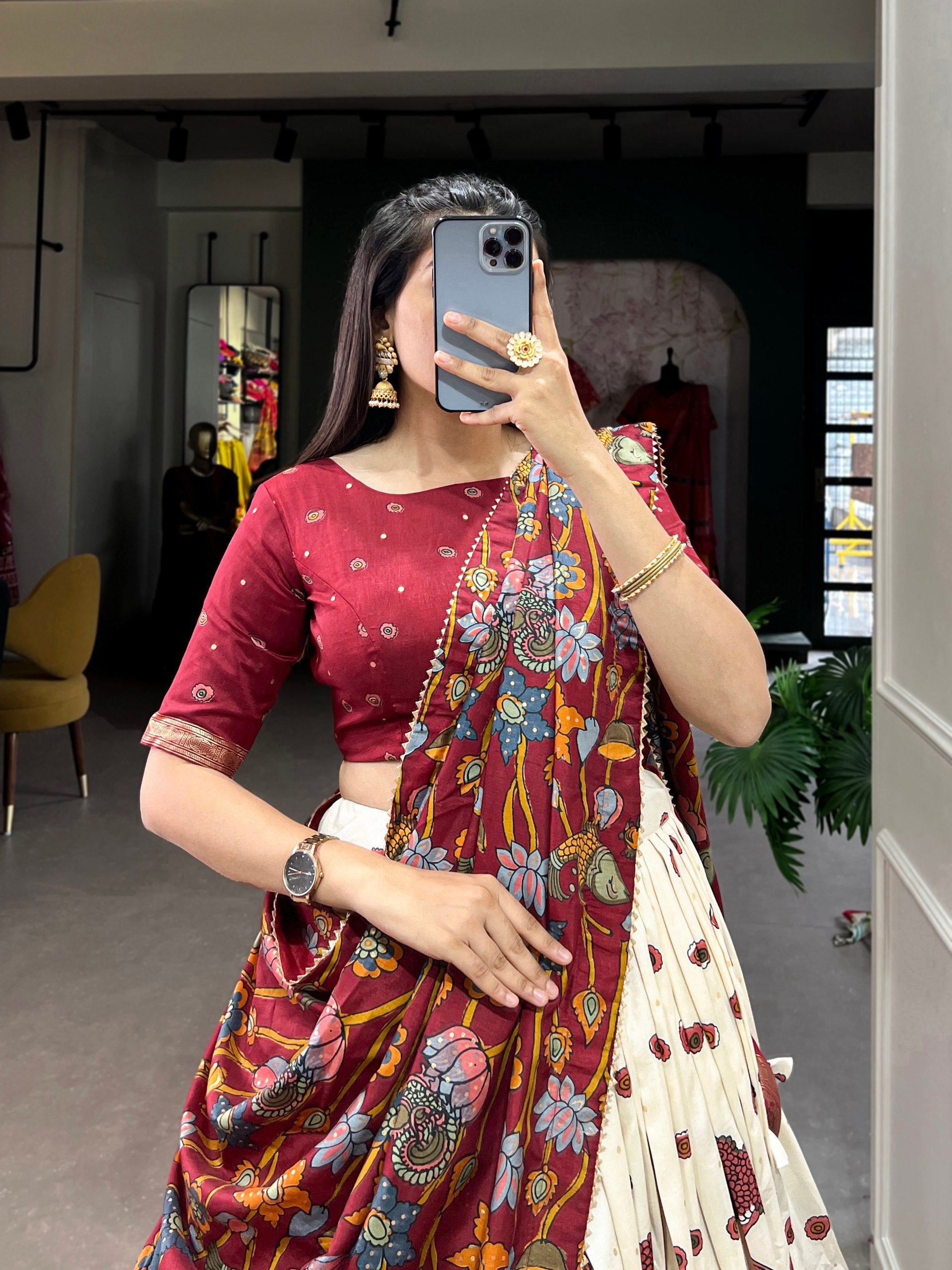 Ethnic Hand-Painted Kalamkari Lehenga with Embellished Blouse and Rich Border Dupatta