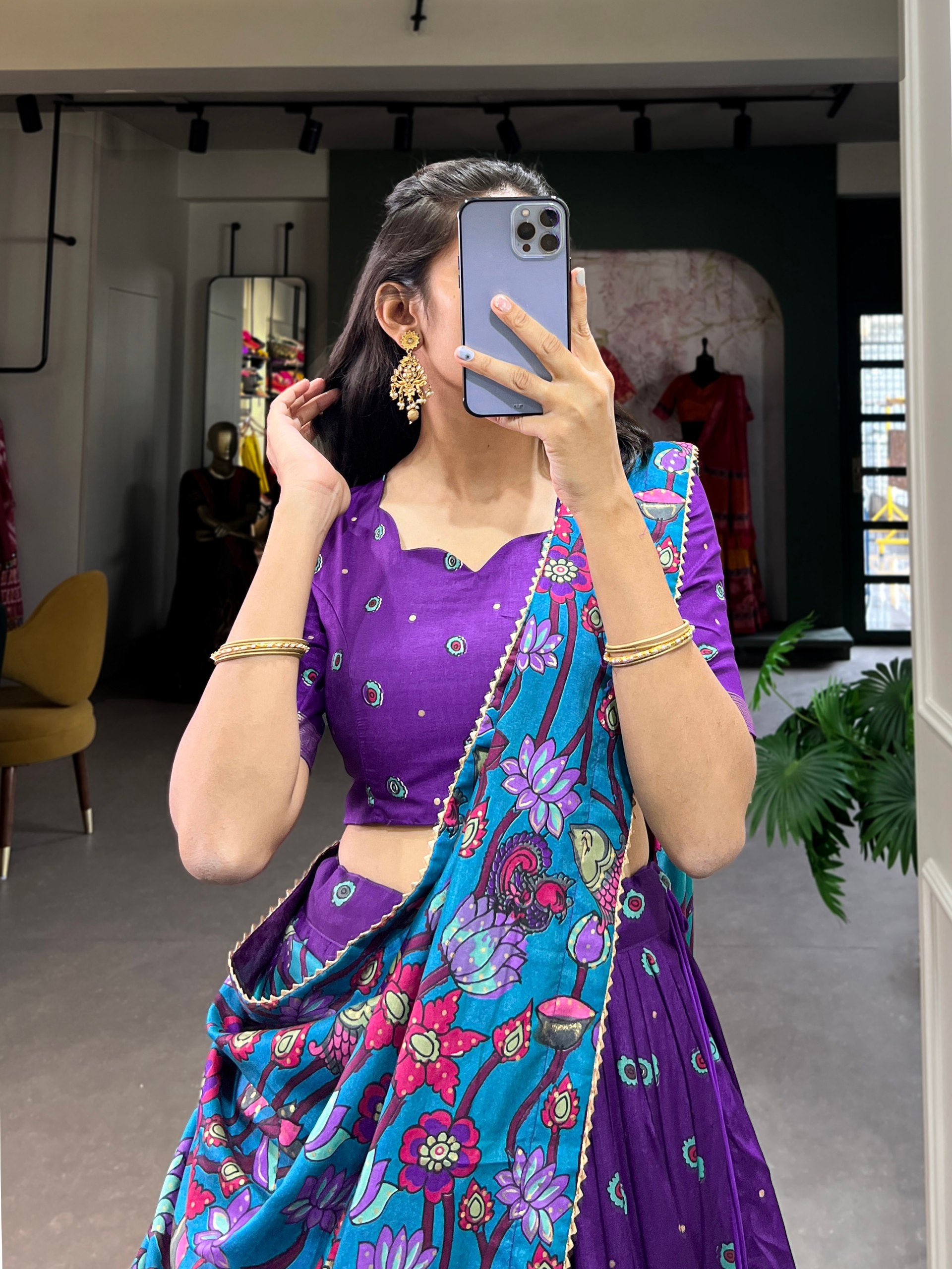 Ethnic Hand-Painted Kalamkari Lehenga with Embellished Blouse and Rich Border Dupatta