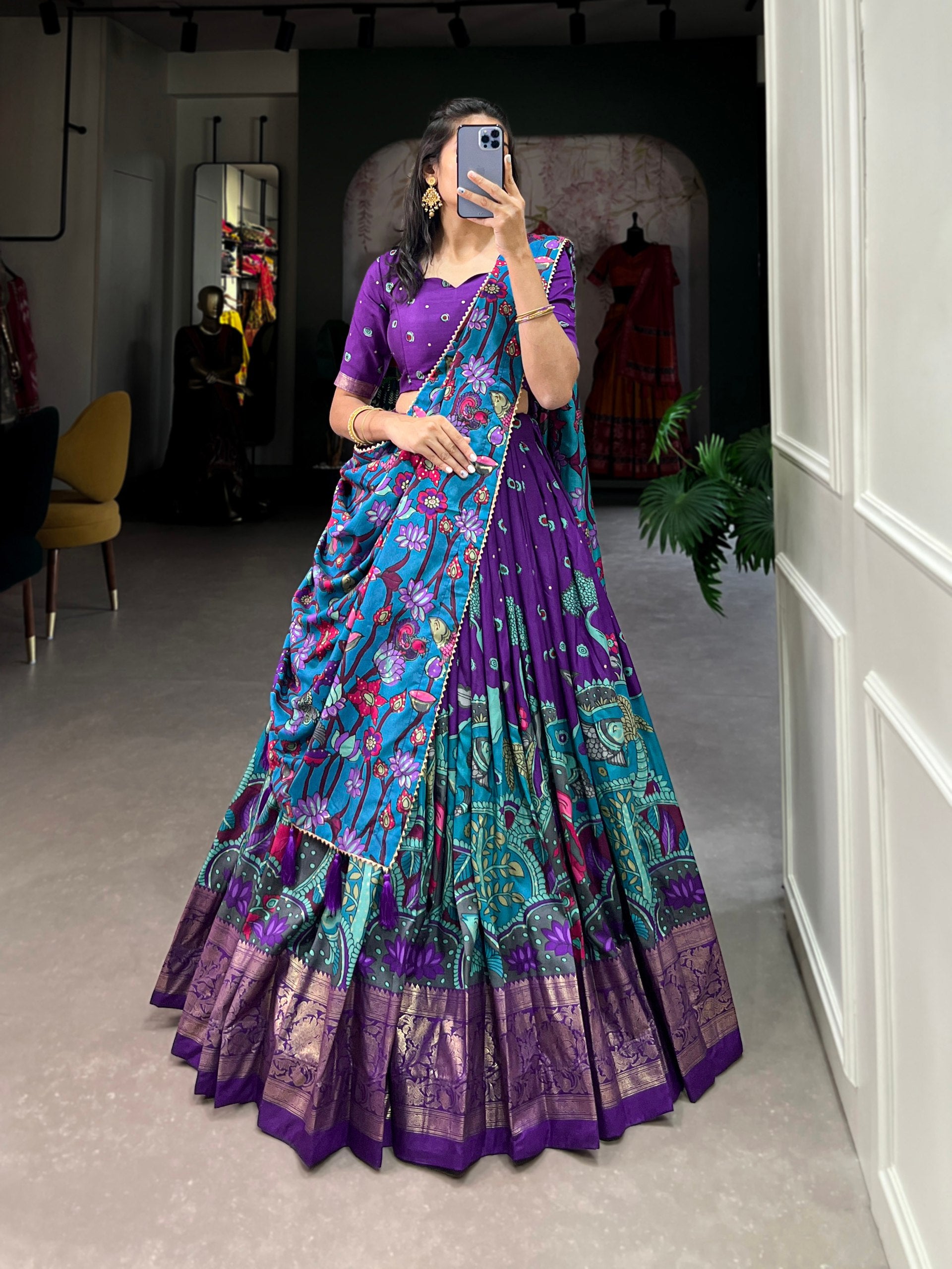 Ethnic Hand-Painted Kalamkari Lehenga with Embellished Blouse and Rich Border Dupatta
