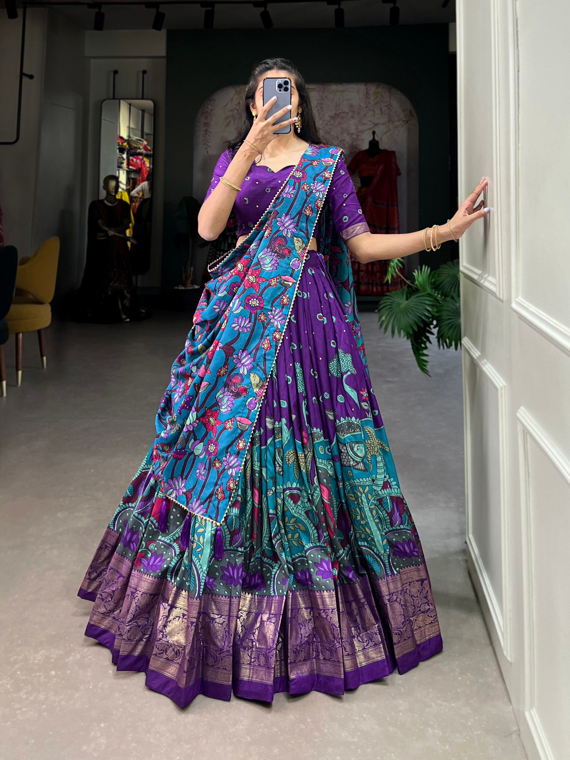 Ethnic Hand-Painted Kalamkari Lehenga with Embellished Blouse and Rich Border Dupatta