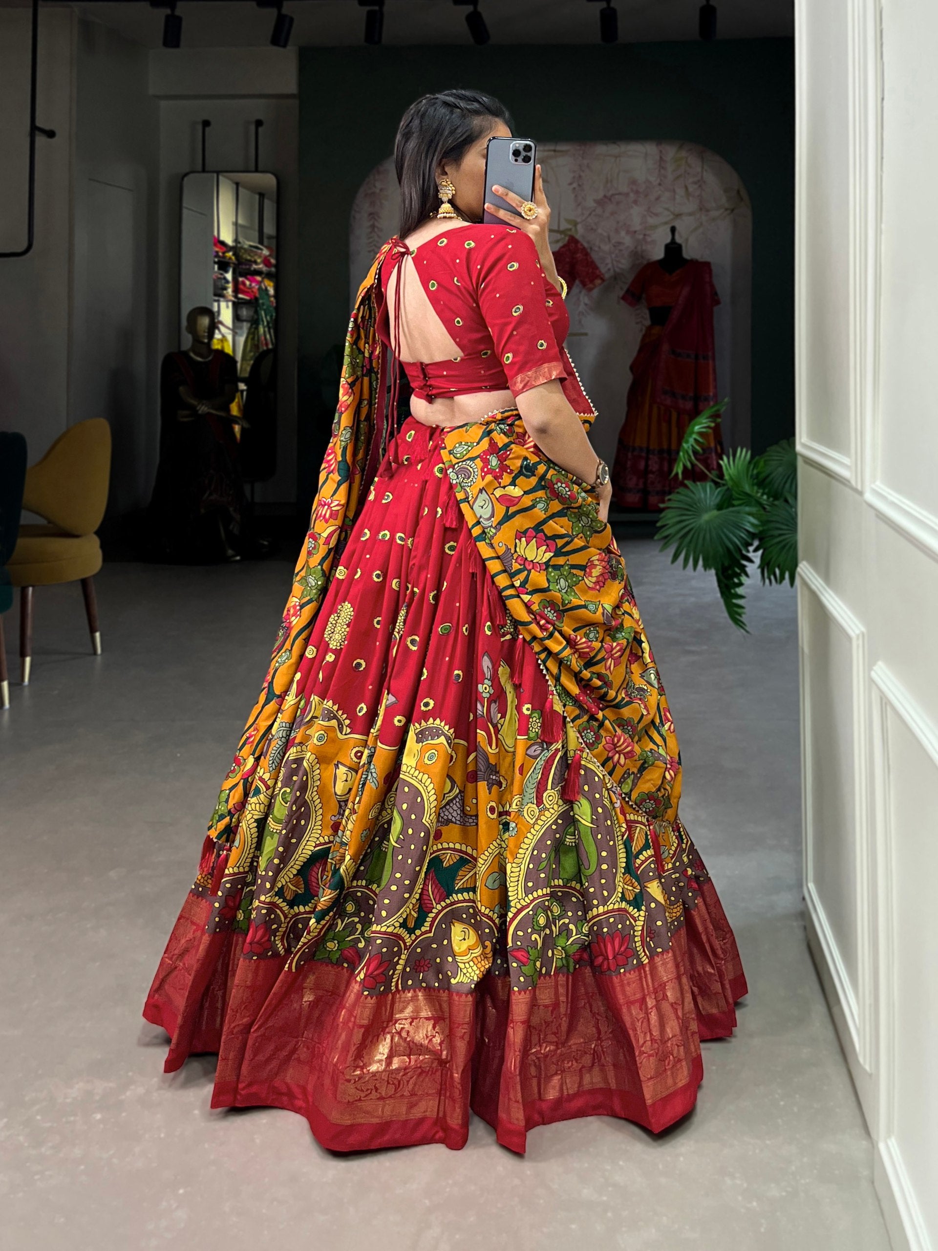 Ethnic Hand-Painted Kalamkari Lehenga with Embellished Blouse and Rich Border Dupatta