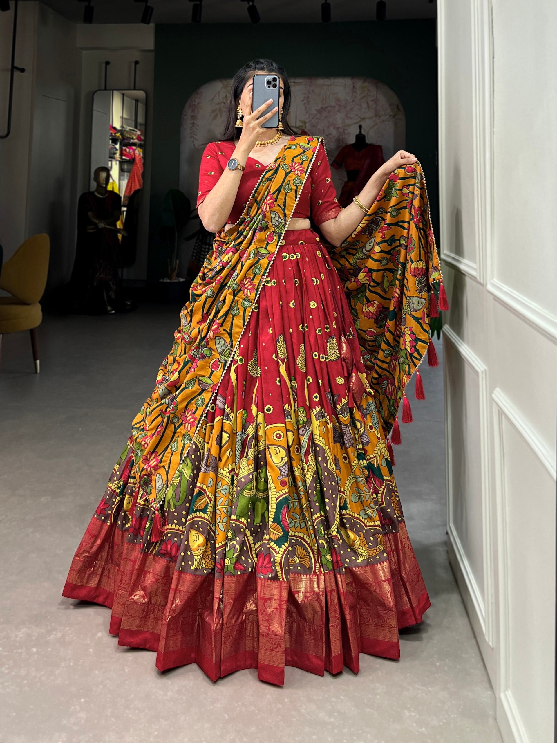 Ethnic Hand-Painted Kalamkari Lehenga with Embellished Blouse and Rich Border Dupatta