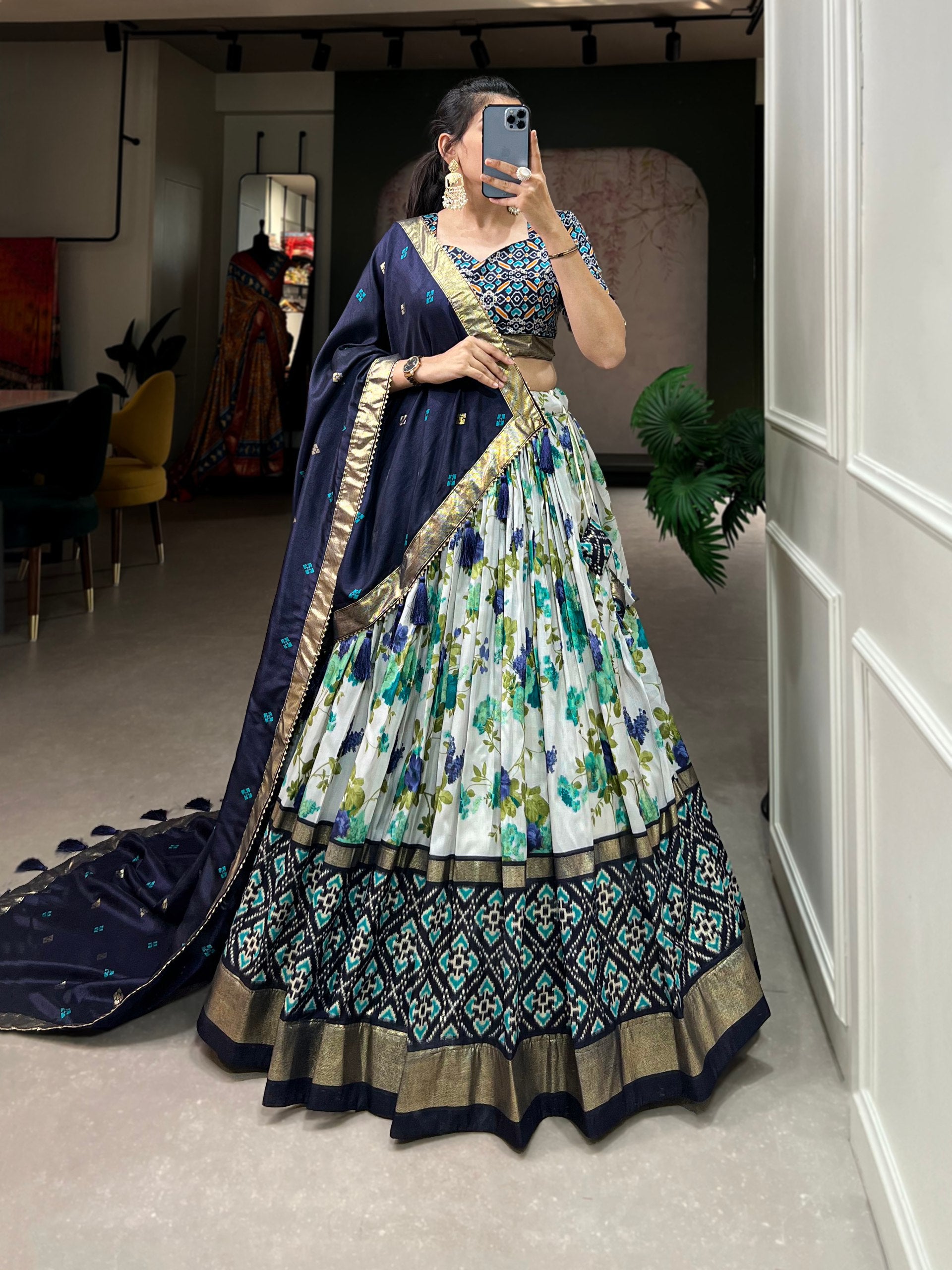 Floral Print Lehenga Choli Set with Geometric Blouse and Zari Border Dupatta
