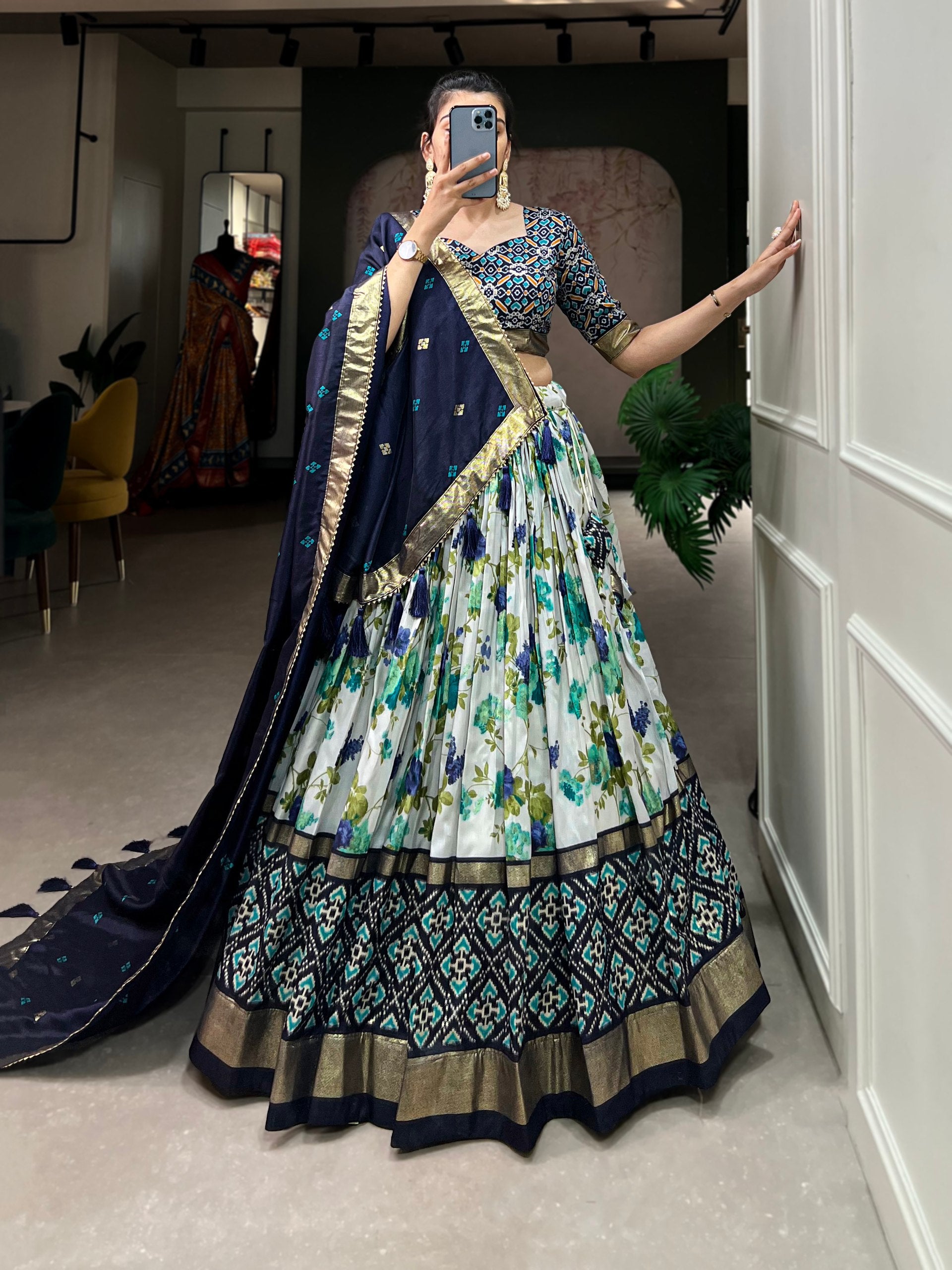 Floral Print Lehenga Choli Set with Geometric Blouse and Zari Border Dupatta