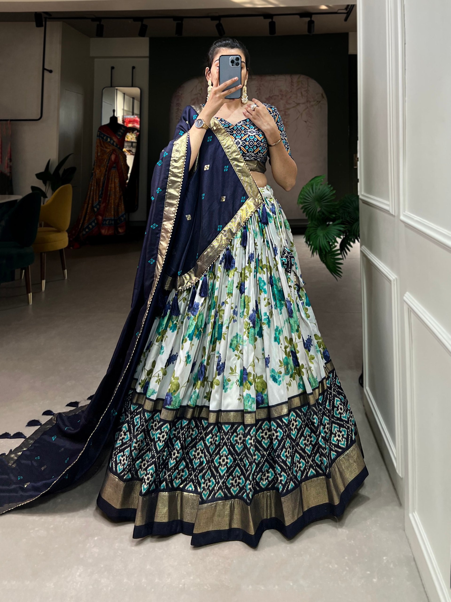 Floral Print Lehenga Choli Set with Geometric Blouse and Zari Border Dupatta