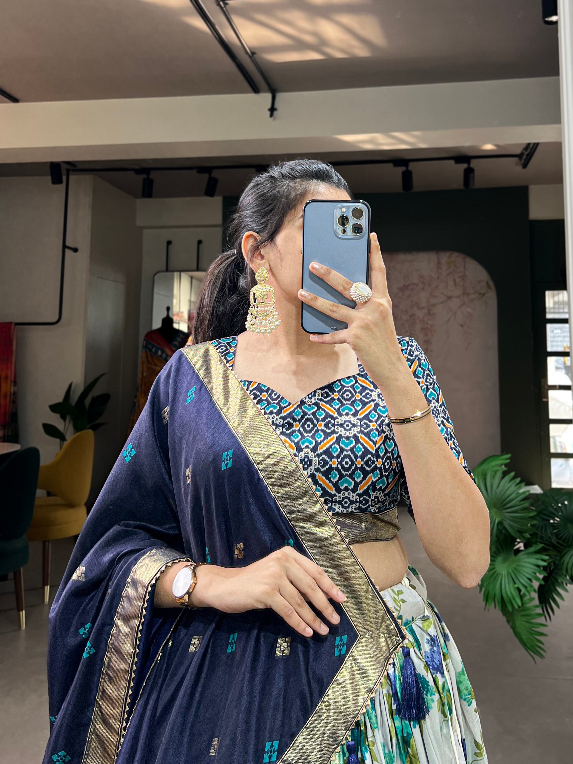 Floral Print Lehenga Choli Set with Geometric Blouse and Zari Border Dupatta