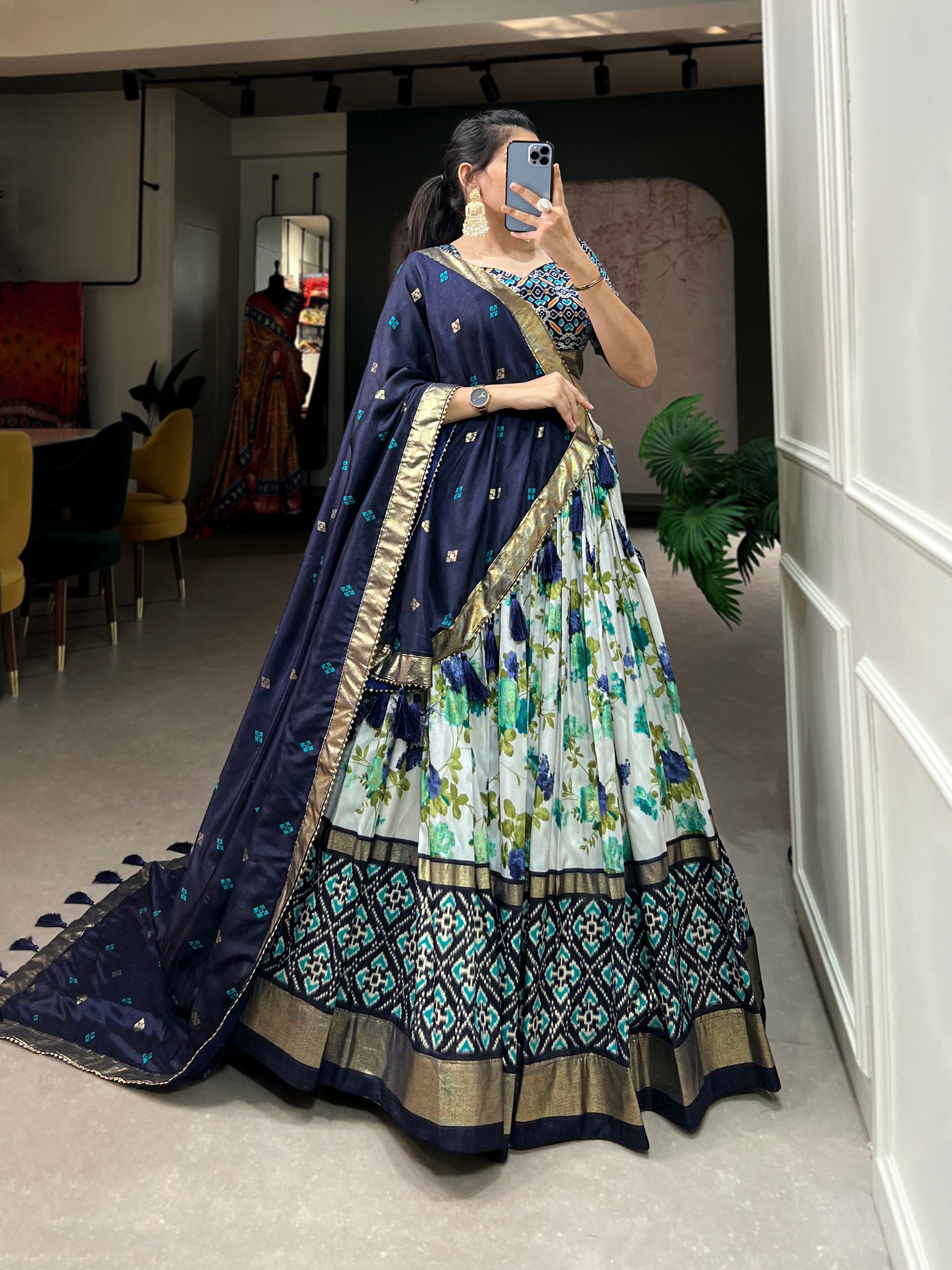 Floral Print Lehenga Choli Set with Geometric Blouse and Zari Border Dupatta