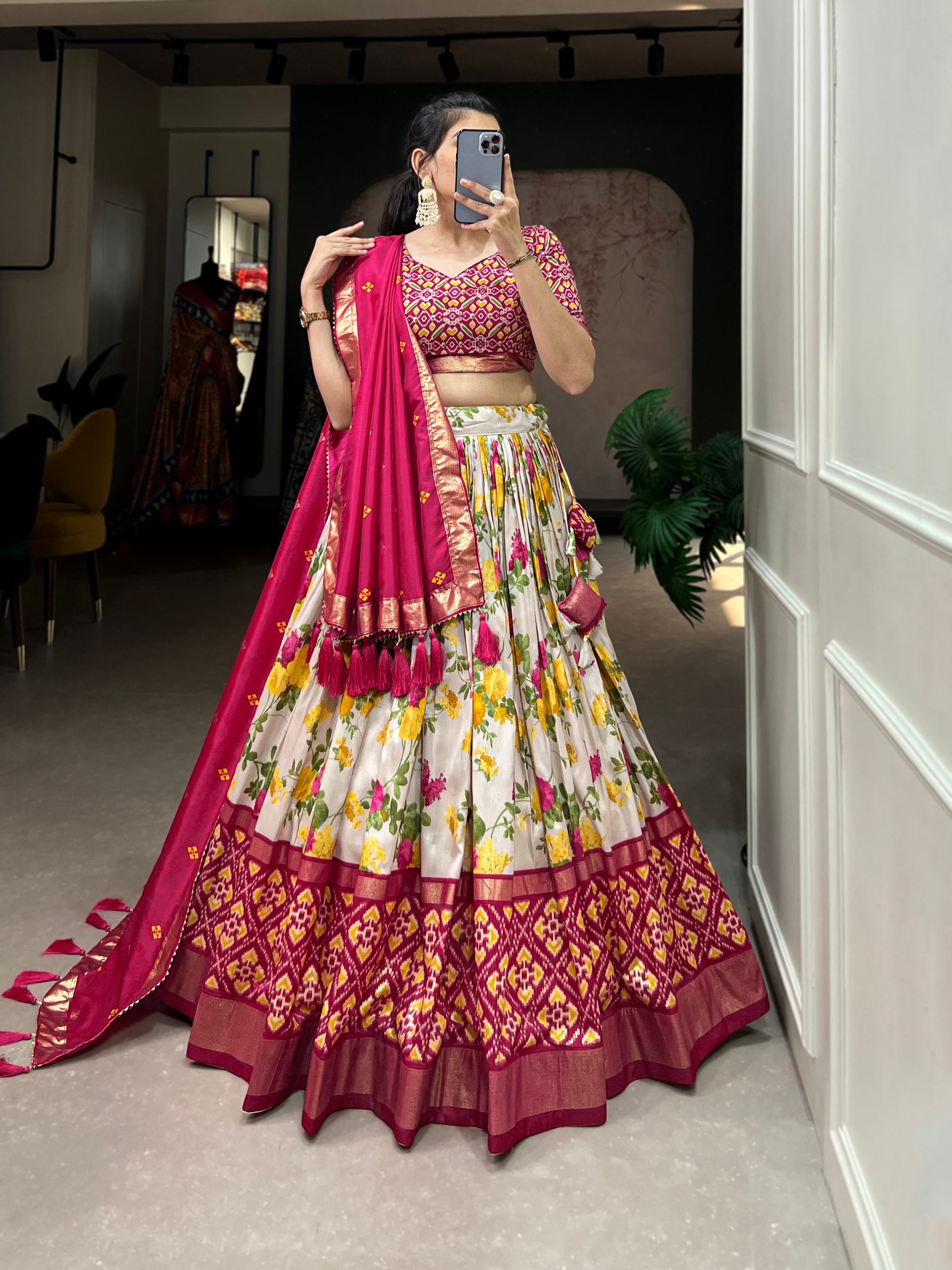 Floral Print Lehenga Choli Set with Geometric Blouse and Zari Border Dupatta