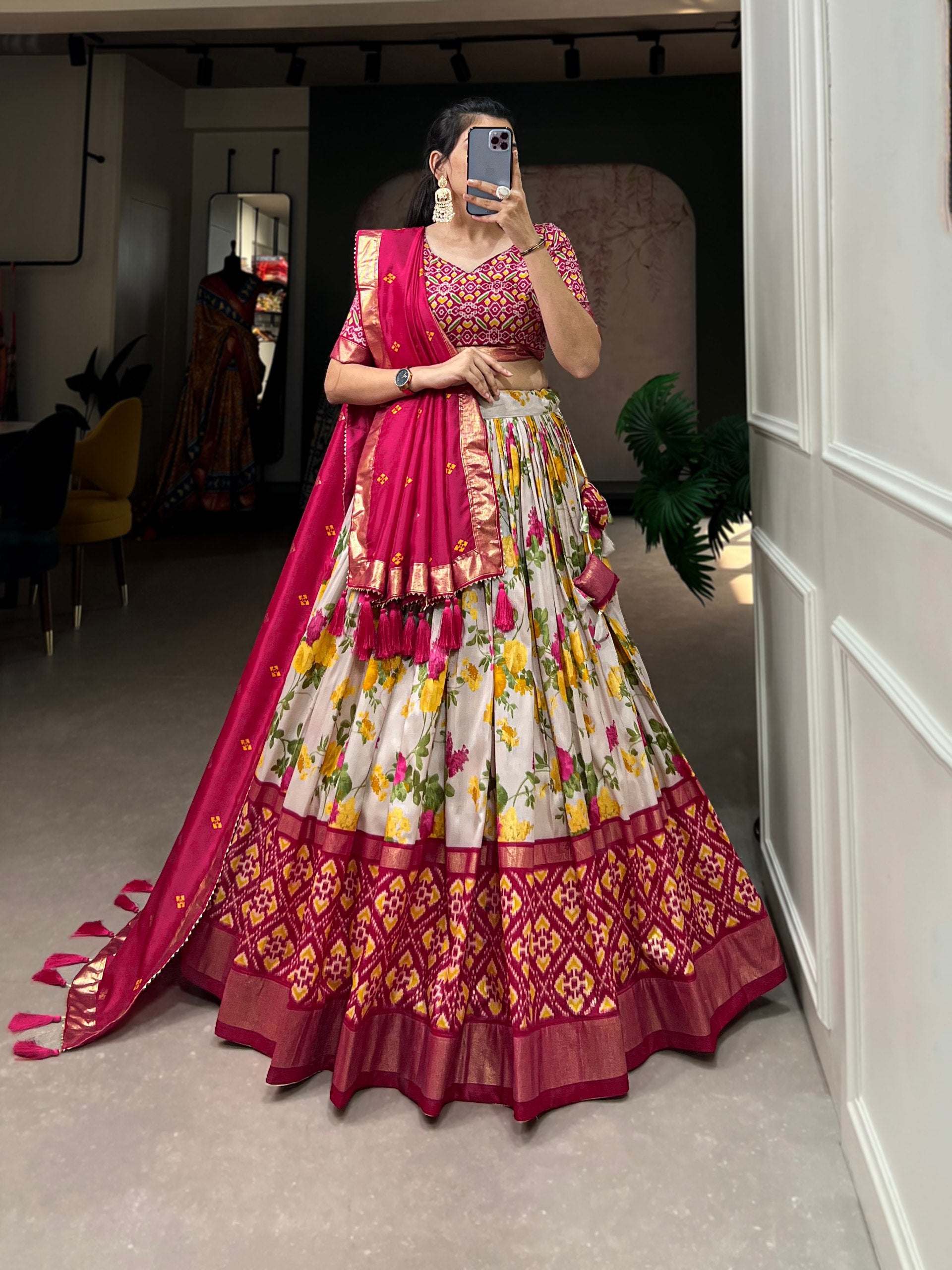 Floral Print Lehenga Choli Set with Geometric Blouse and Zari Border Dupatta
