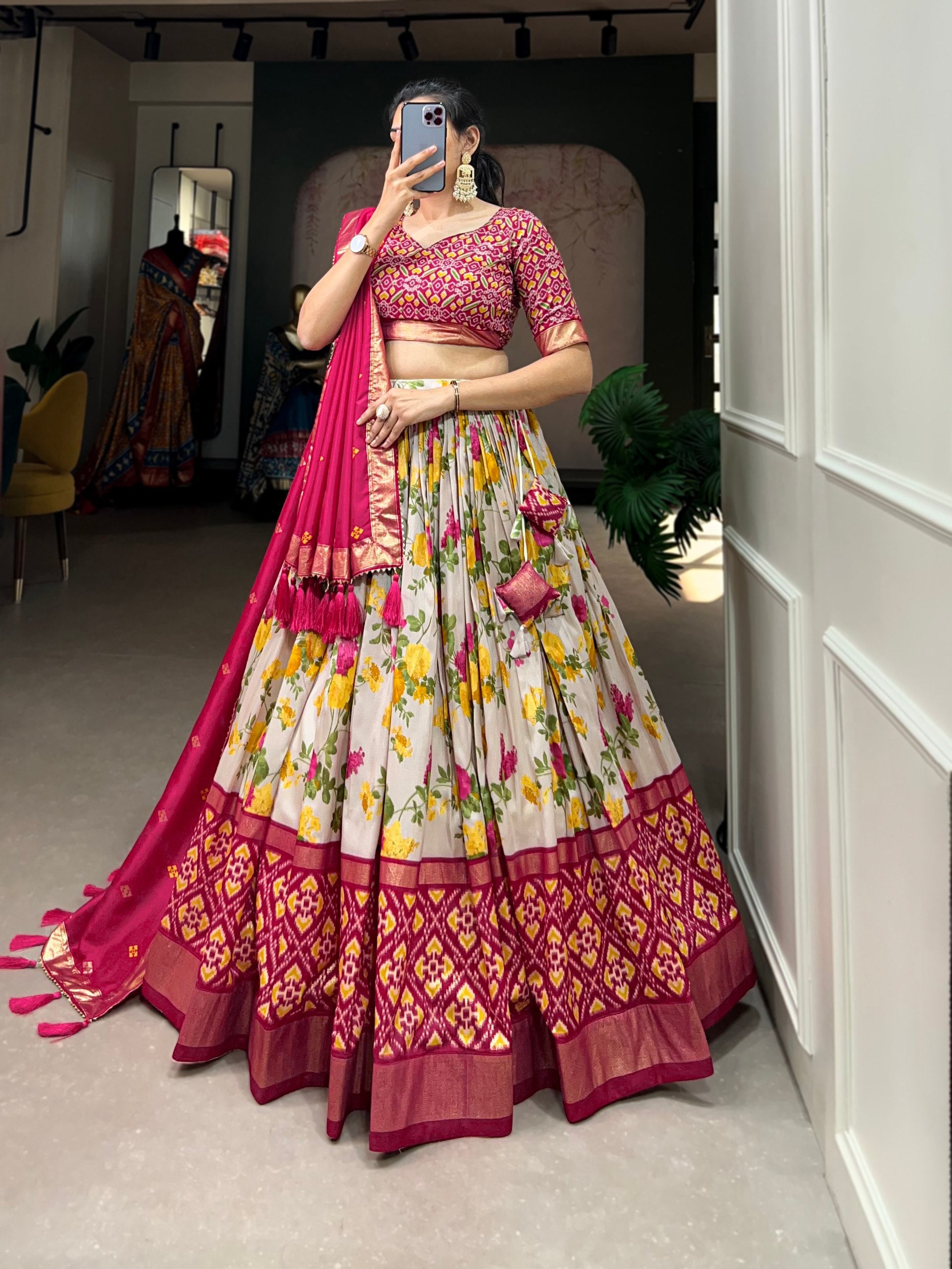 Floral Print Lehenga Choli Set with Geometric Blouse and Zari Border Dupatta